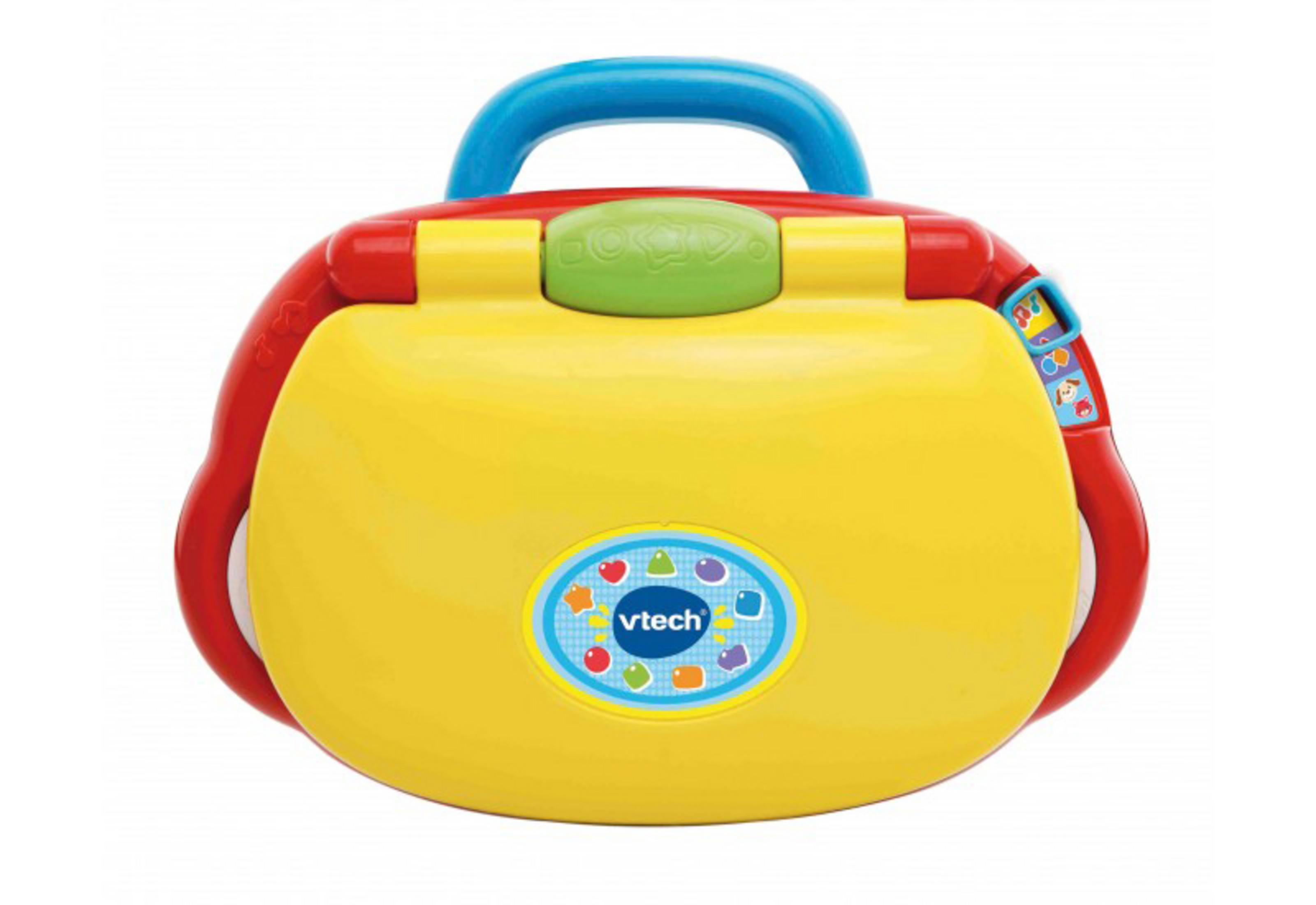 Ein gelbes Spielzeuglaptop mit rotem Griff und blauem Tragegriff.