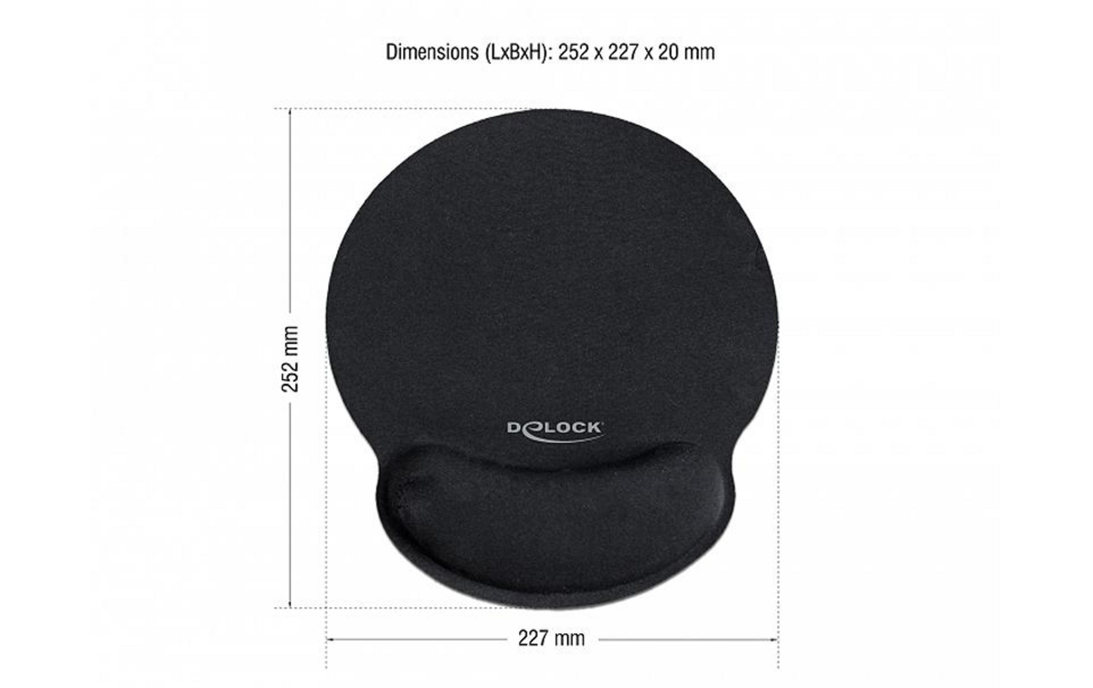 Schwarze Handballenauflage für Maus mit integrierter Handballenauflage, Maße 252x227x20mm.