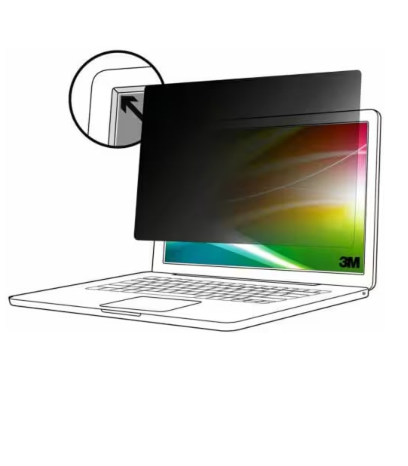 Ein Sichtschutzfilter wird auf einem Laptop angebracht. Eine Nahaufnahme zeigt die Anbringung.