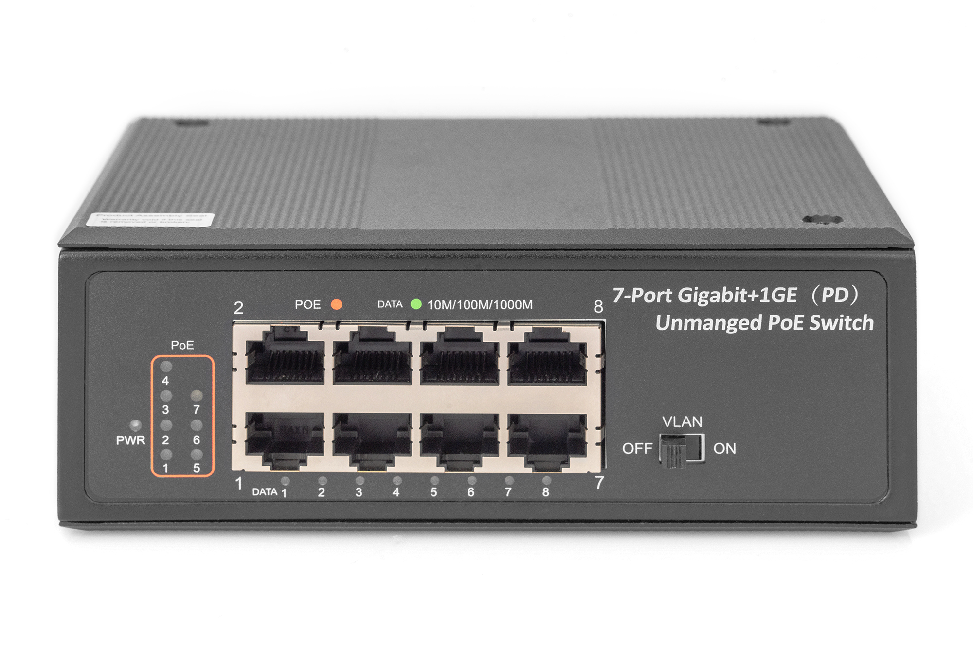 Uno switch PoE non gestito a 7 porte nero con porte RJ45, indicatori LED e switch VLAN.