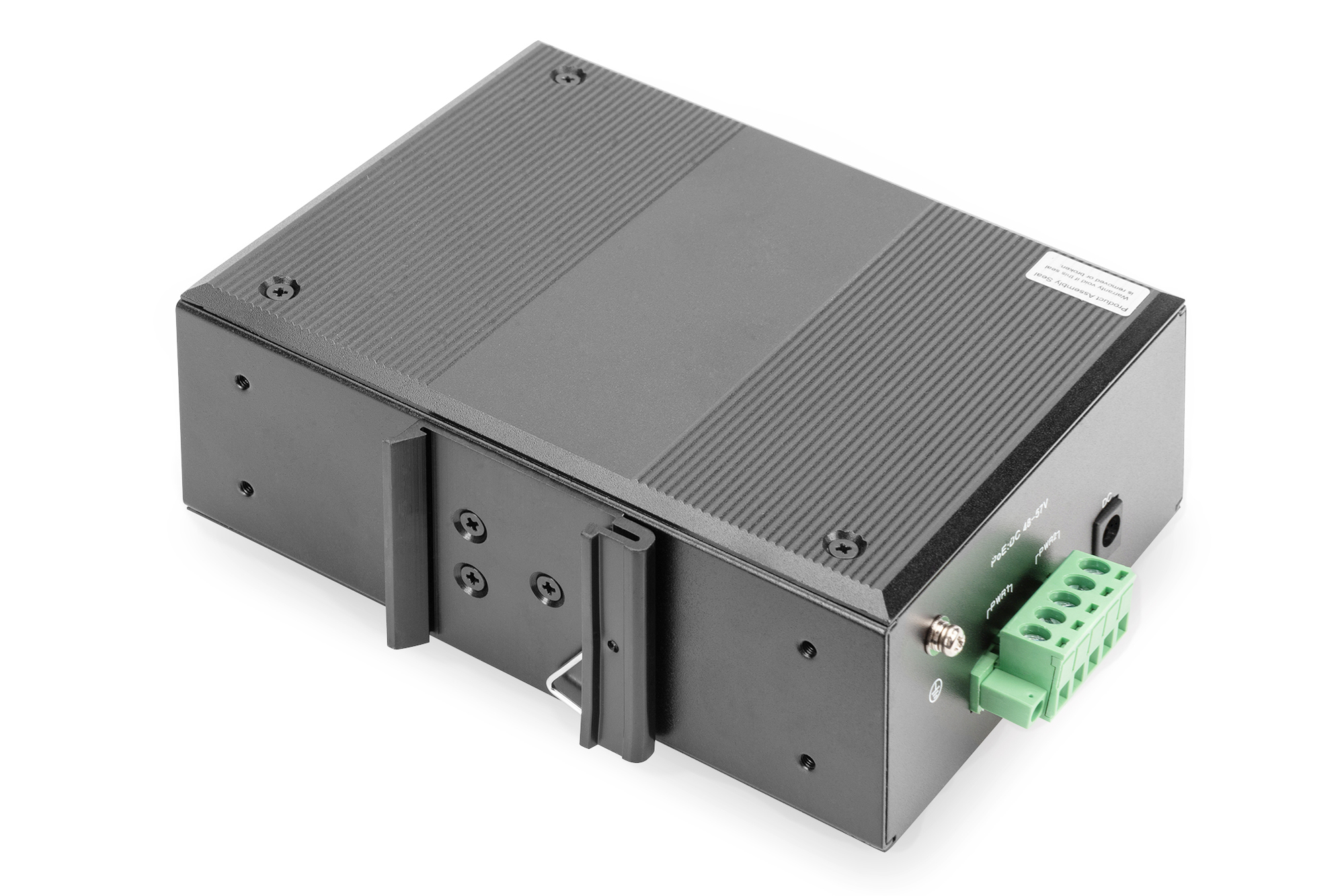Un dispositivo elettronico nero con parte superiore scanalata e morsettiera verde.