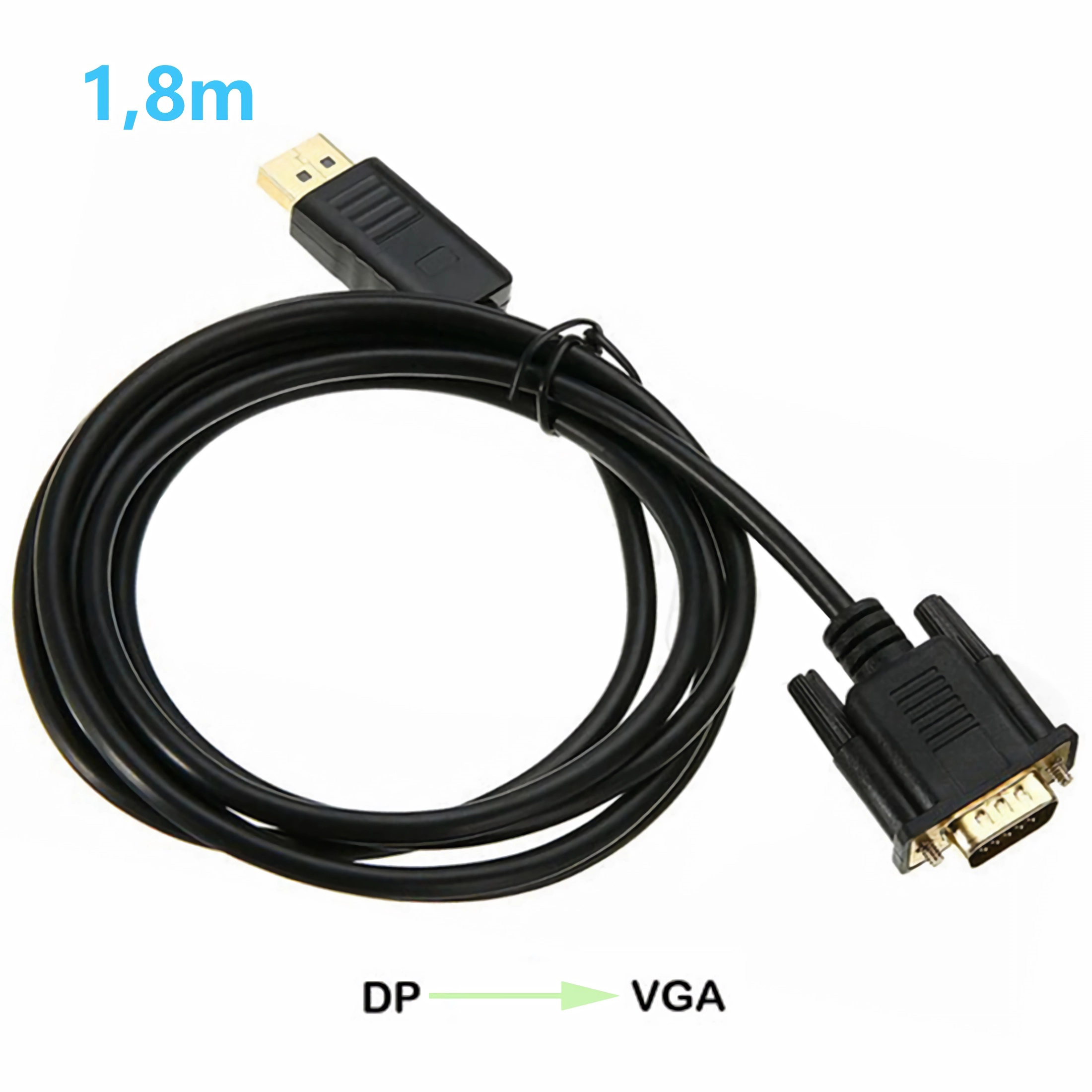Ein schwarzes DP-zu-VGA-Kabel mit 1,8 m Länge, auf weißem Hintergrund.