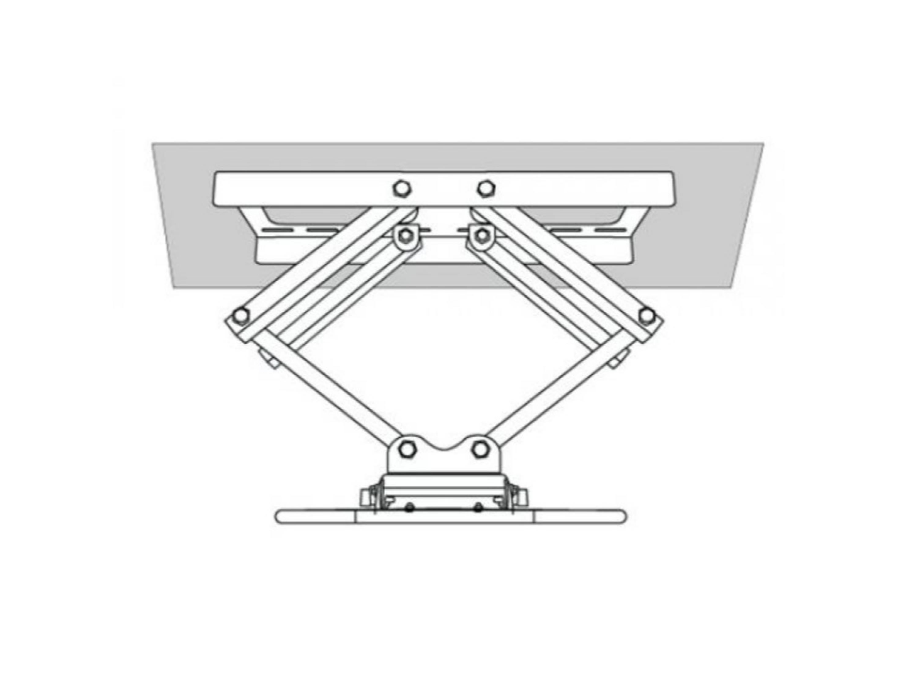 Un soporte de proyector tipo tijera suspendido de un techo.