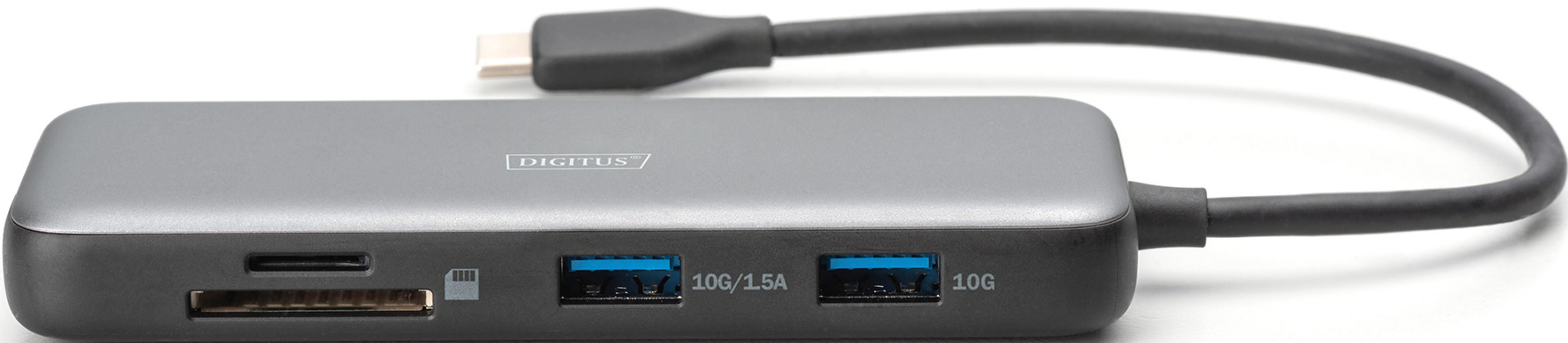 Grauer USB-C-Hub mit SD-Kartensteckplatz, zwei USB-A-Anschlüssen und Kabel.