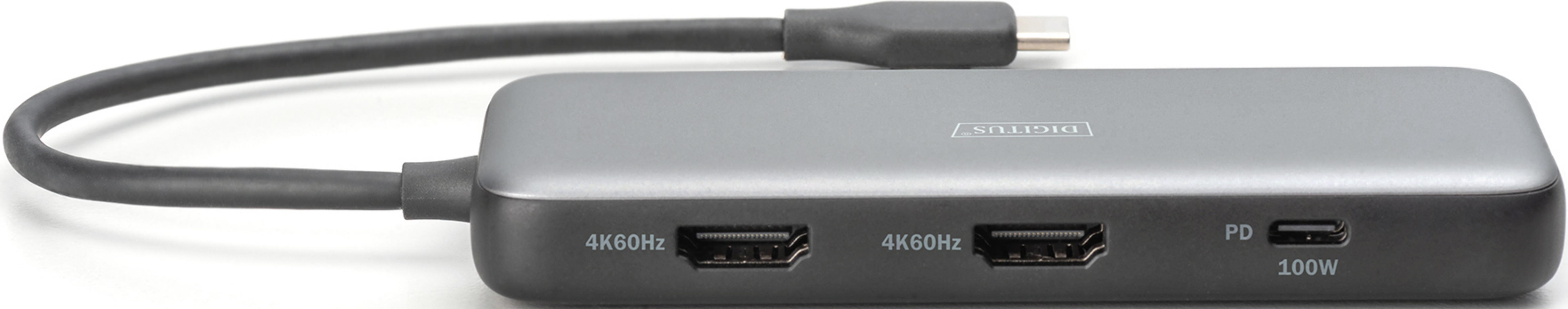 Grauer USB-C-Hub mit zwei HDMI-Anschlüssen, PD und 100W.