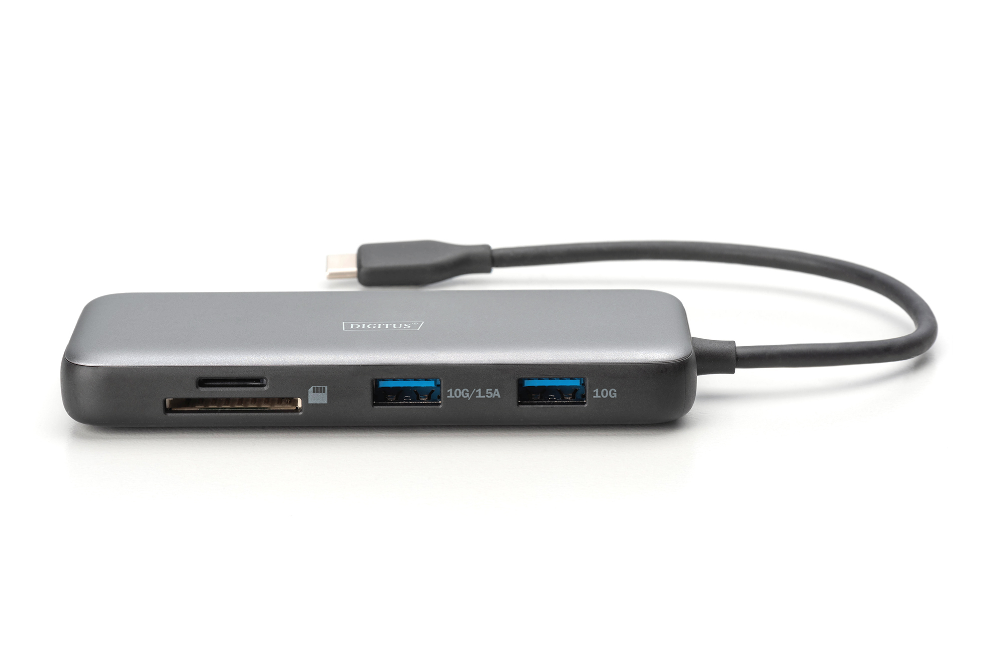 Grauer USB-C Hub mit SD-Kartenleser, 2x USB-A Ports und Kabel.