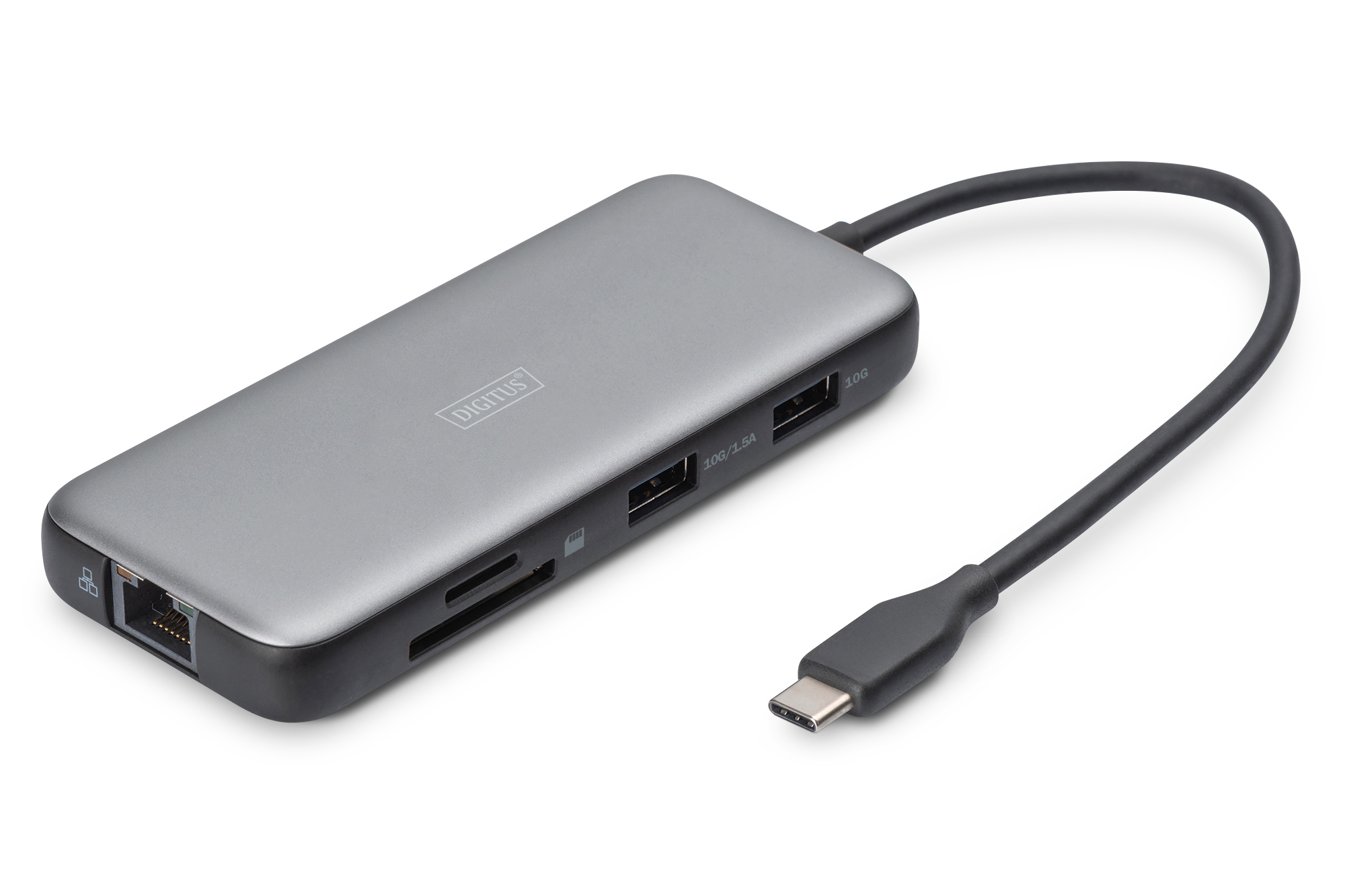 Graue USB-C-Dockingstation mit Anschlüssen: Ethernet, SD-Karte, 2x USB-A 10G, 1x USB-A 10G/1.5A.