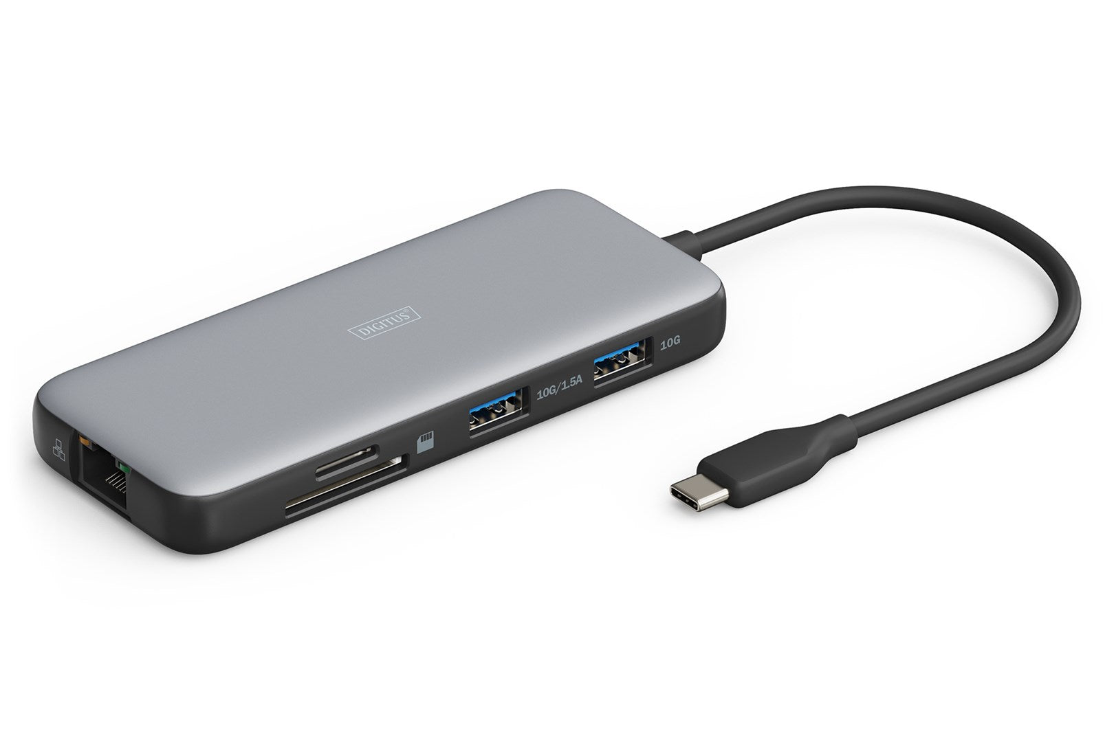 Grauer USB-C-Hub mit Anschlüssen: Ethernet, SD-Karte, 2x USB-A und USB-C-Kabel.