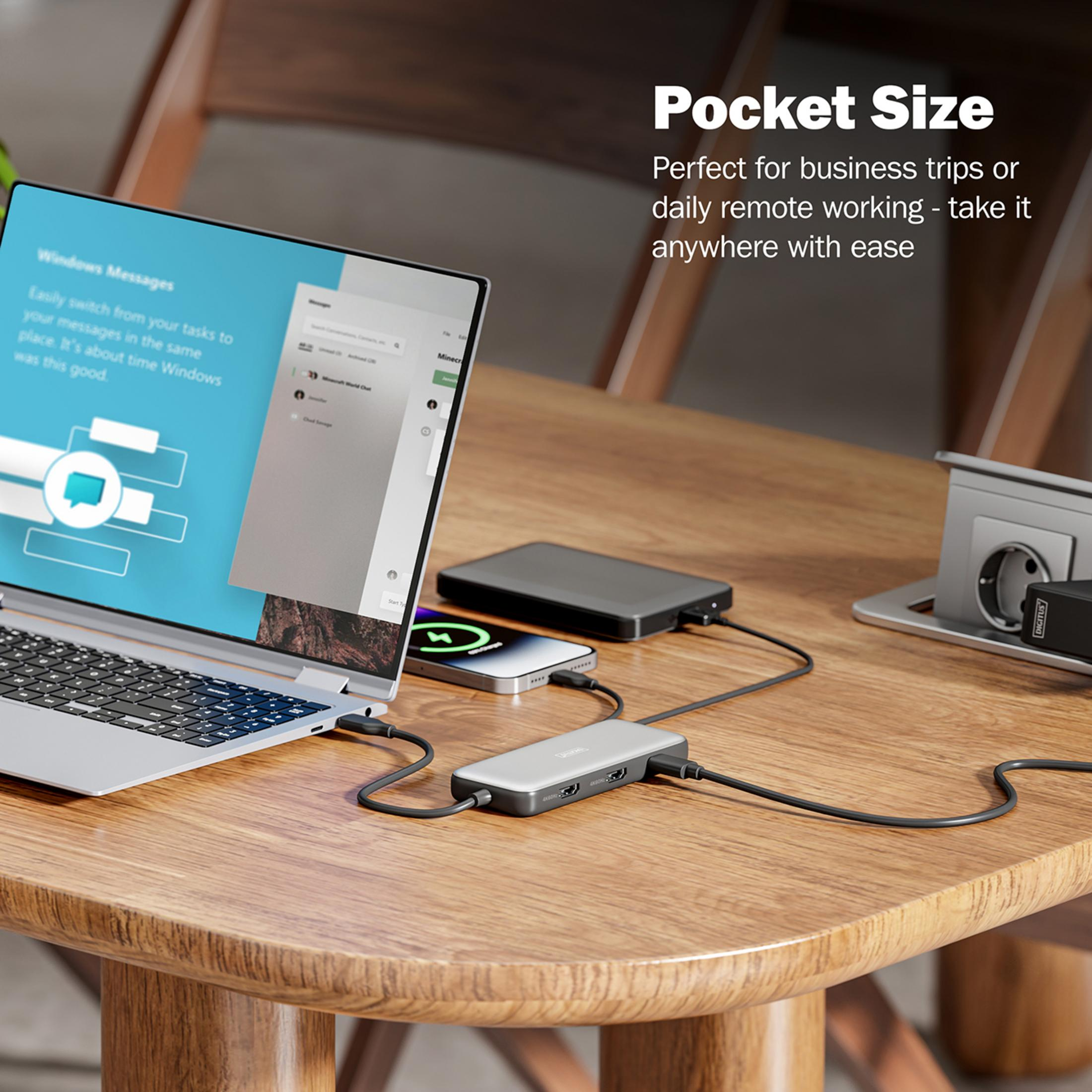 Laptop, Telefon und Festplatte an eine Nabe auf einem Holztisch angeschlossen. Tasche.