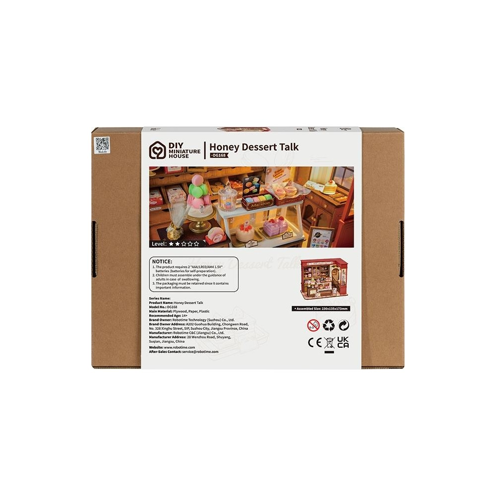Scatola per un modello di casa di dessert al miele in miniatura fai-da-te con info prodotto e loghi CE/UKCA.