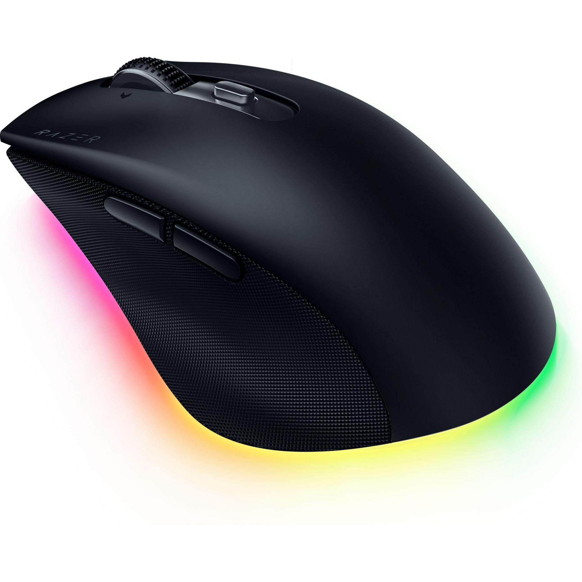 Mouse nero con illuminazione RGB, impugnatura testurizzata e rotellina.