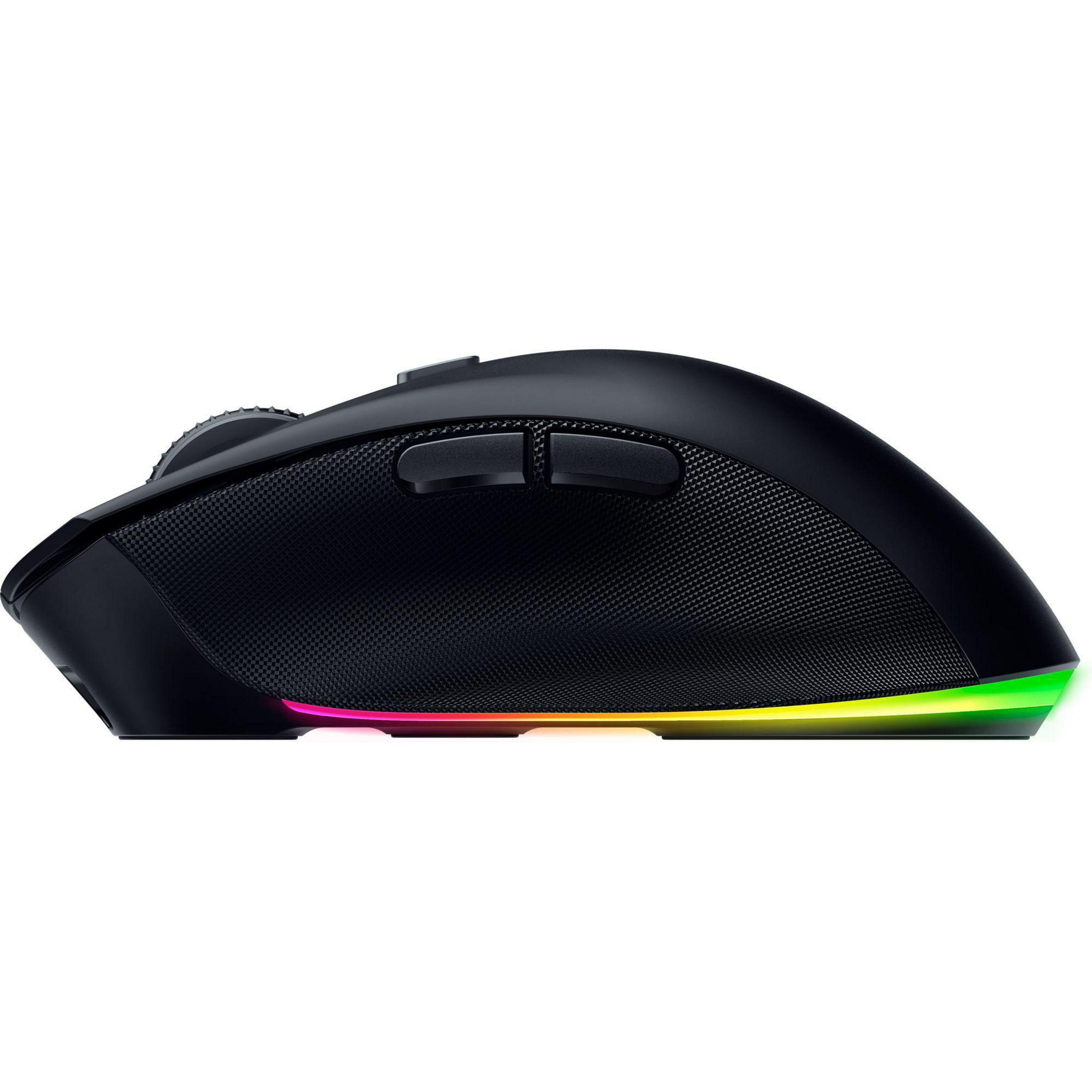 Mouse da gaming nero con illuminazione RGB sul fondo.