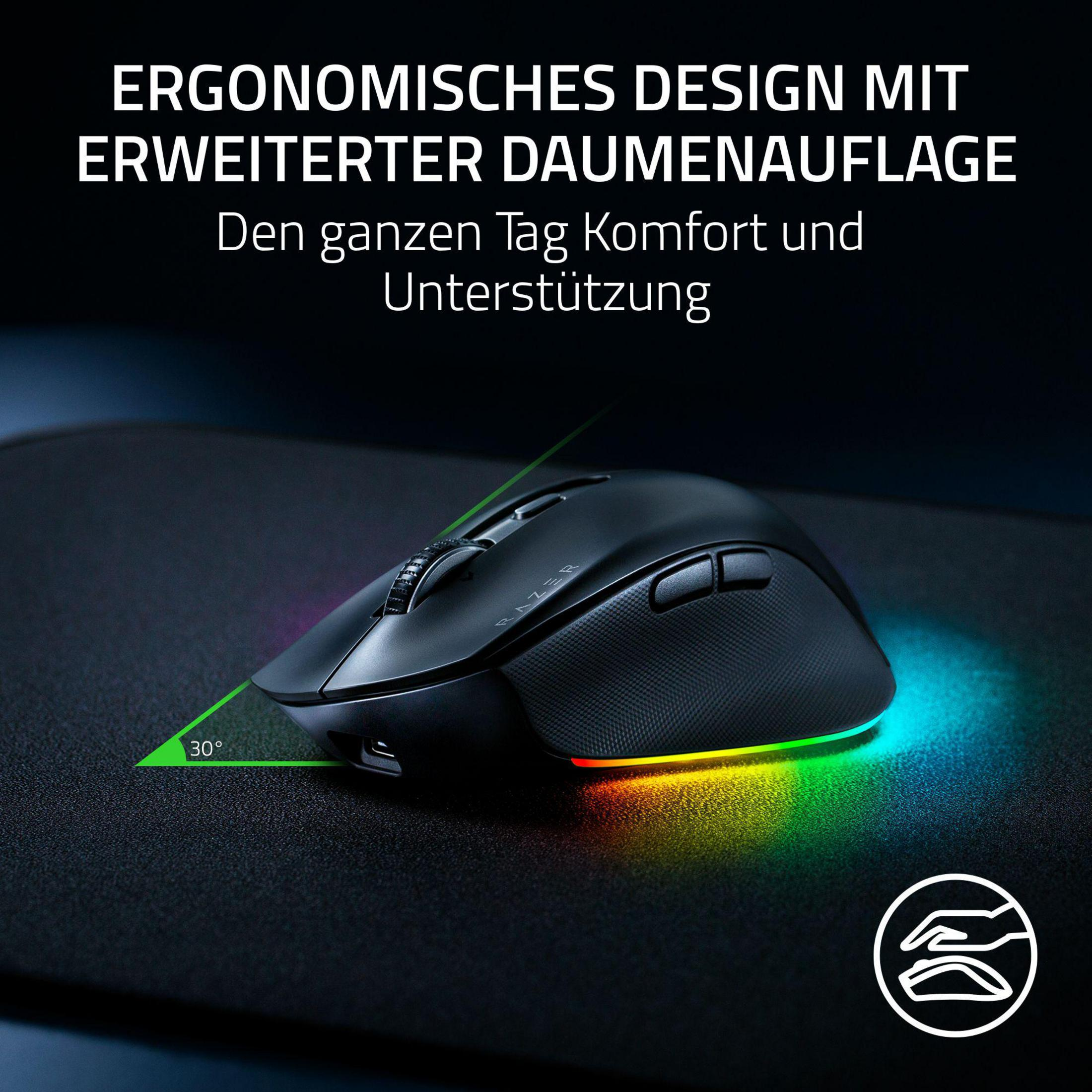 Mouse ergonomico nero con illuminazione RGB e un indicatore di 30°.