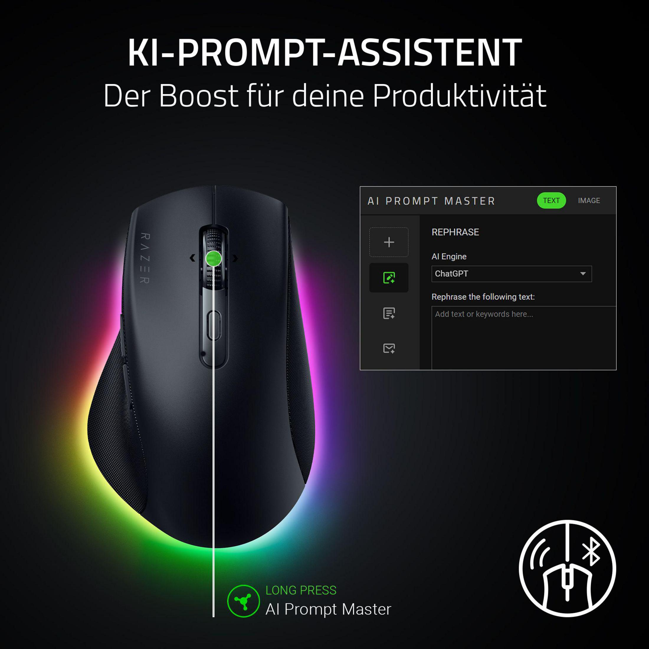 Un mouse gaming Razer nero con illuminazione RGB e interfaccia AI Prompt Master.