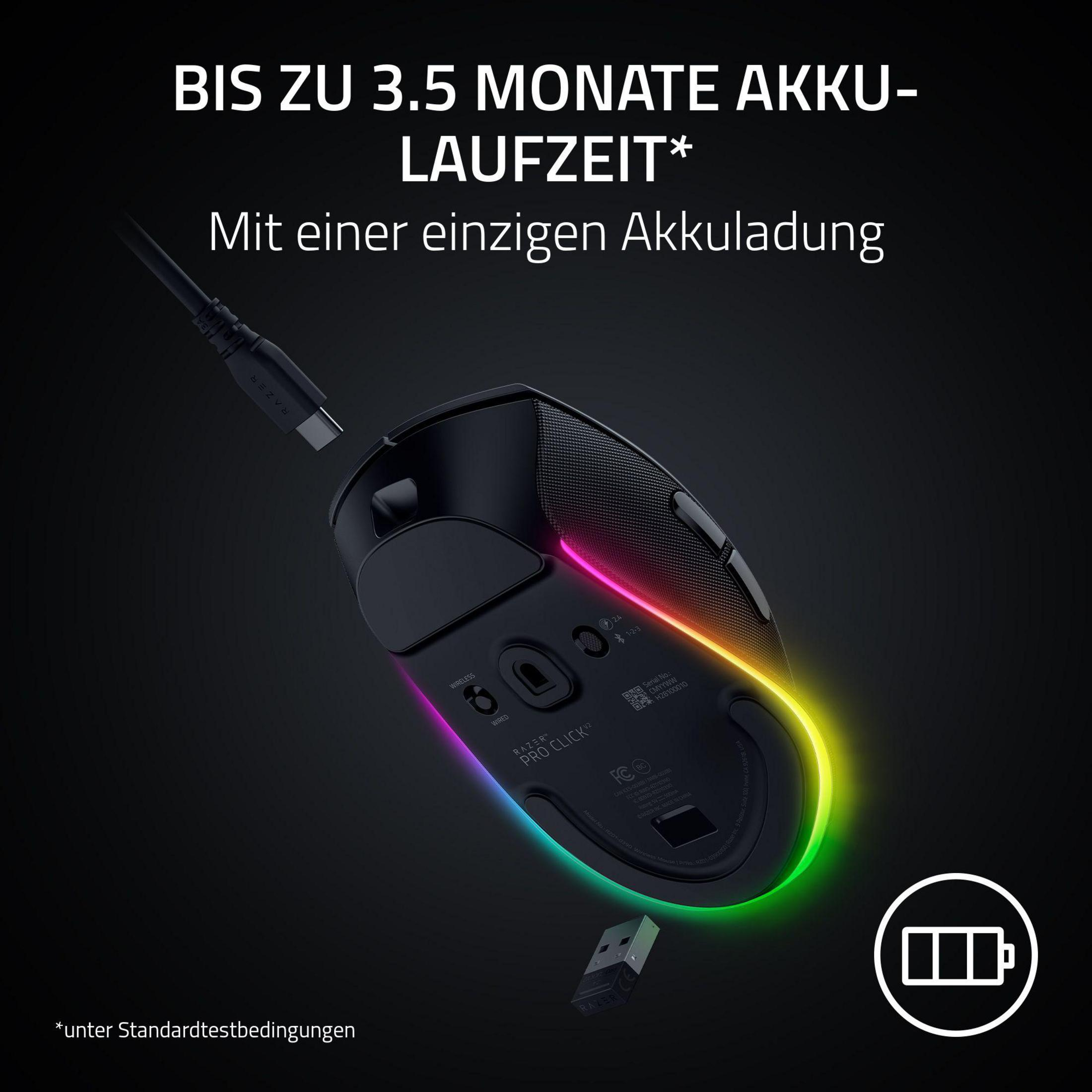 Mouse nero con illuminazione RGB e cavo di ricarica. Icona batteria.