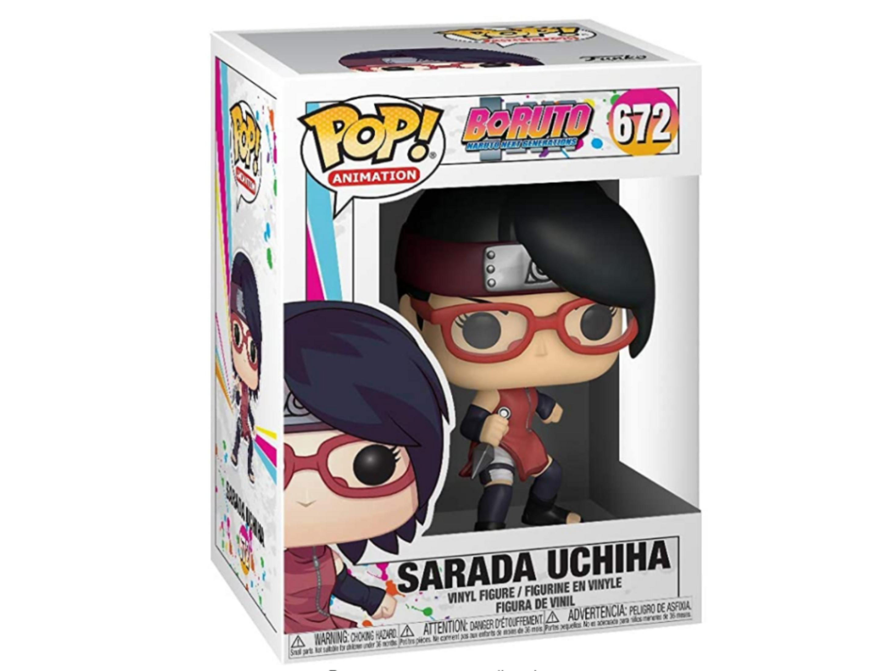 Figura Funko Pop! de Sarada Uchiha de Boruto, con gafas y traje rojos.