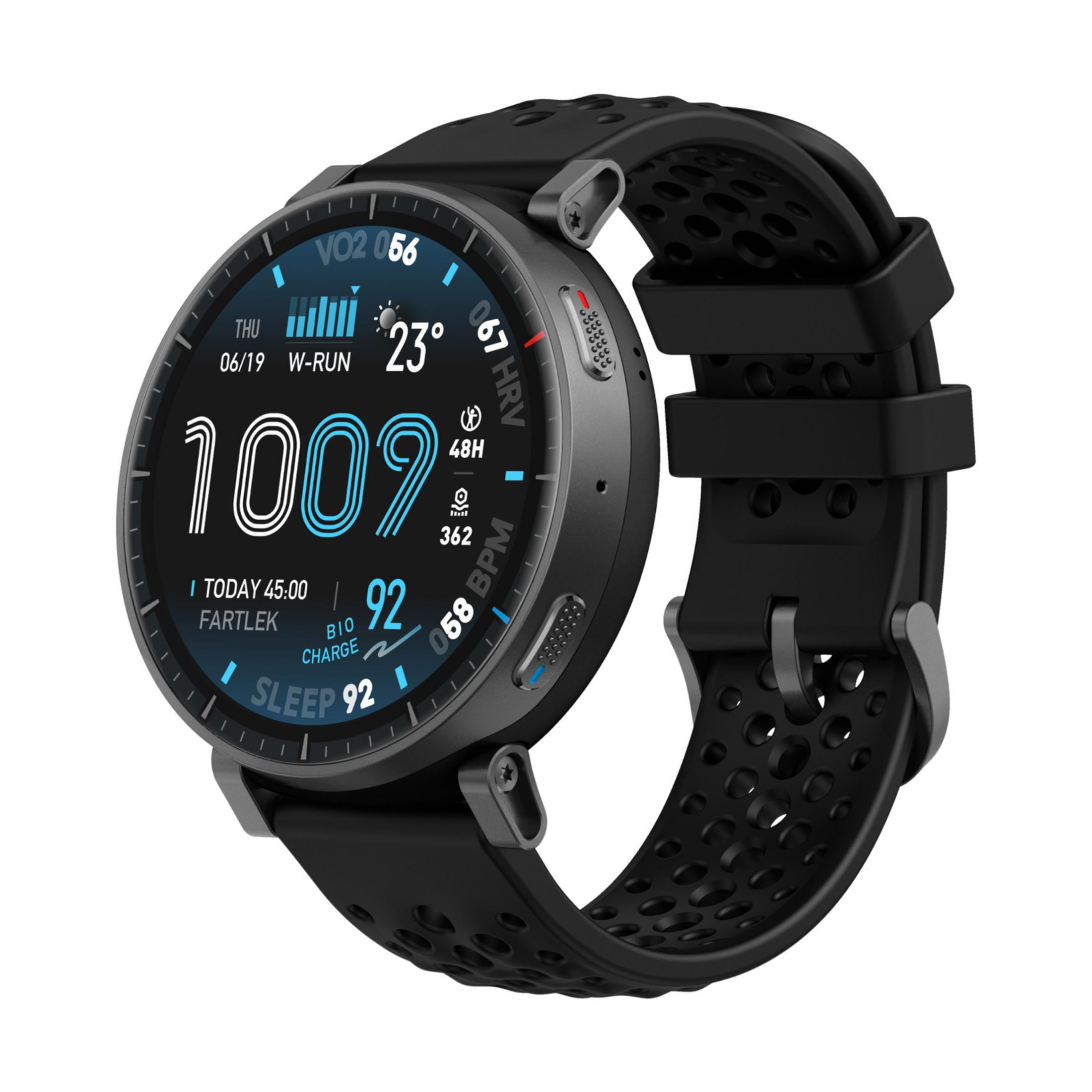 Czarny smartwatch z czarnym paskiem, wyświetlający dane zdrowotne na cyfrowym ekranie.