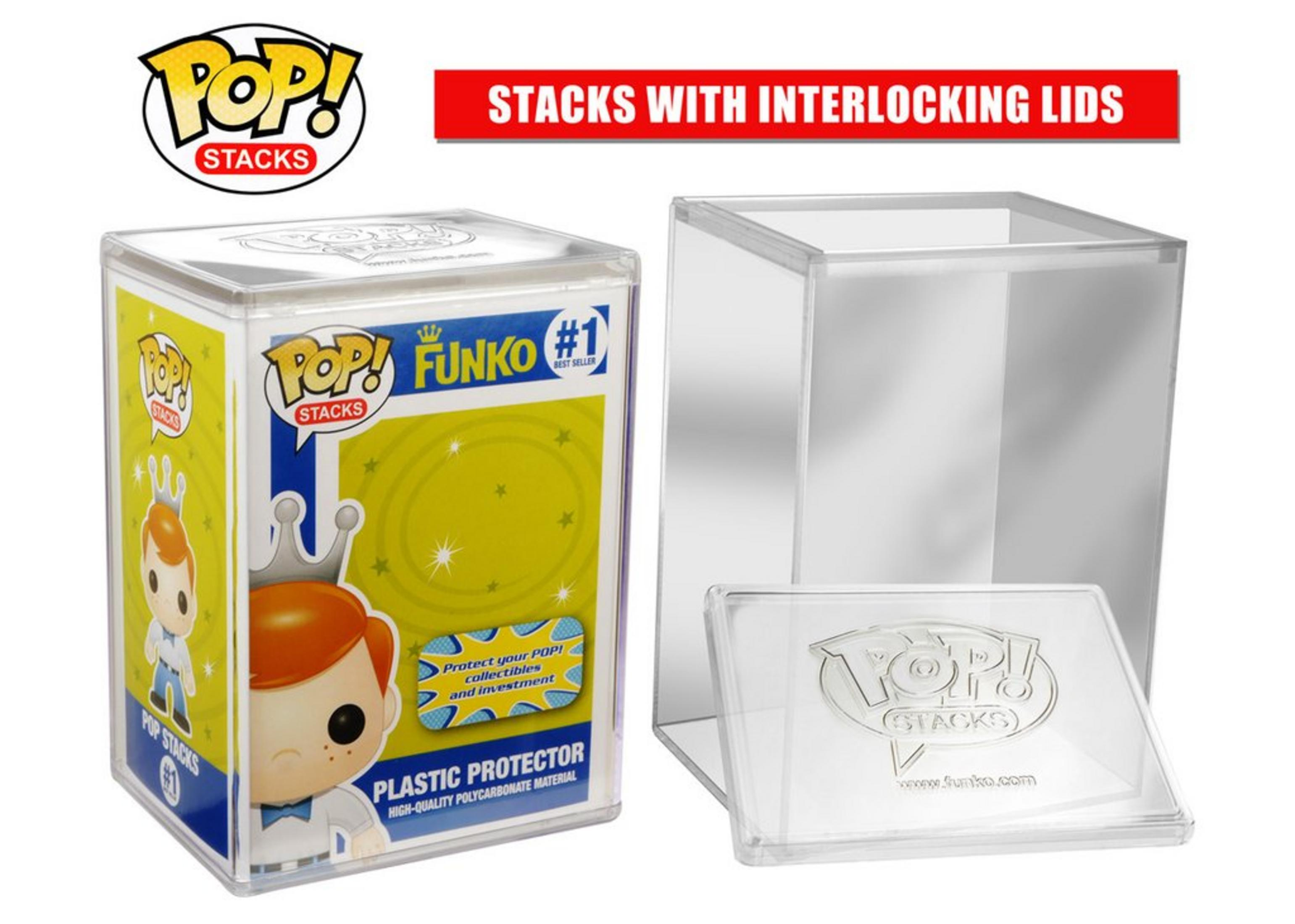 Una scatola protettiva Funko Pop! con un personaggio e una scatola vuota accanto.