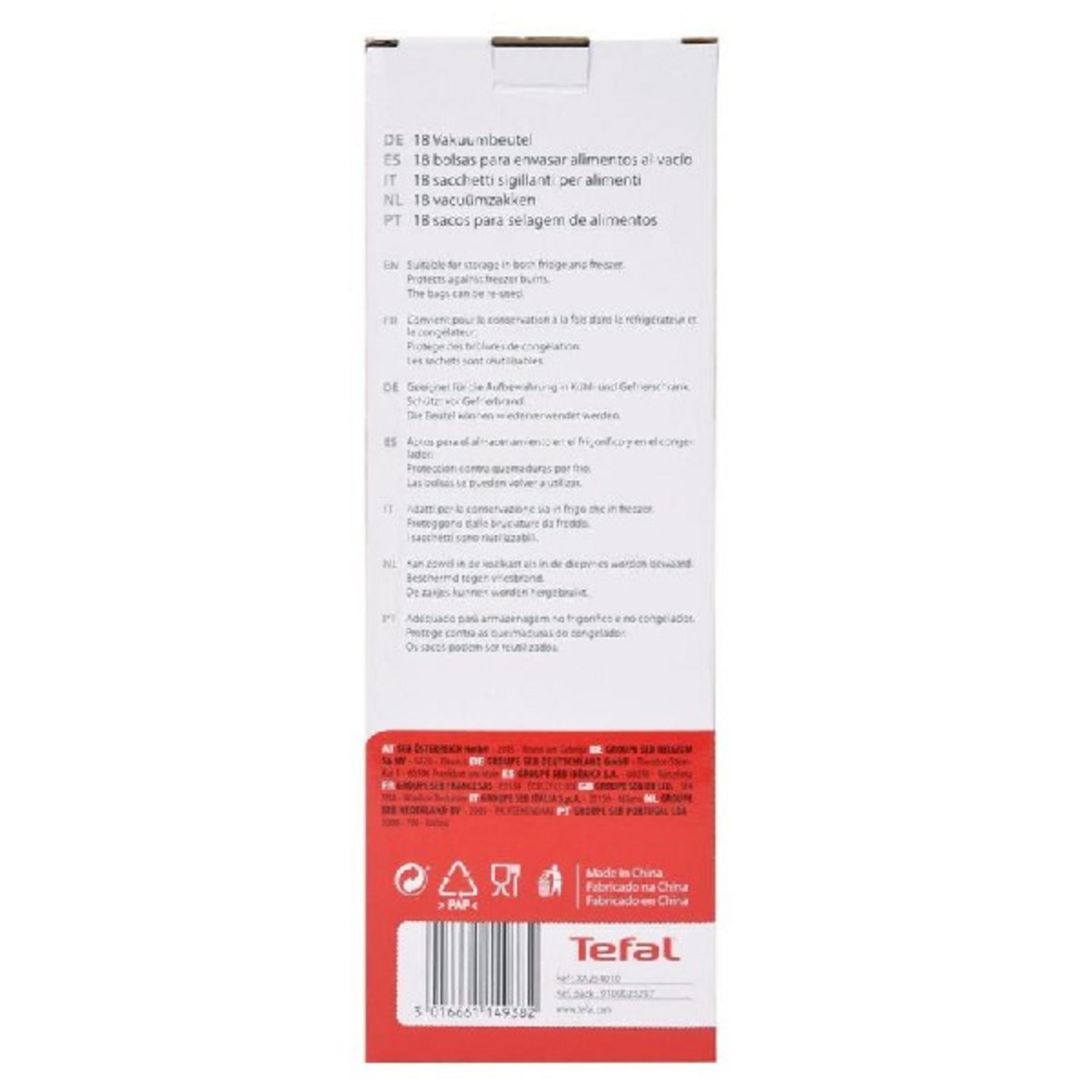 Verpackung mit Text in mehreren Sprachen, Barcode und Tefal-Logo.