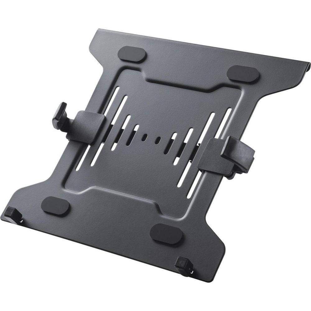 Ein schwarzer Laptopständer aus Metall mit Schlitzen und Halteklammern.