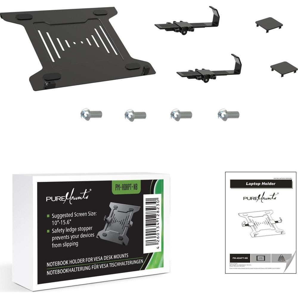 Ein schwarzer Laptopständer und Zubehörteile, verpackt und in Einzelteilen.