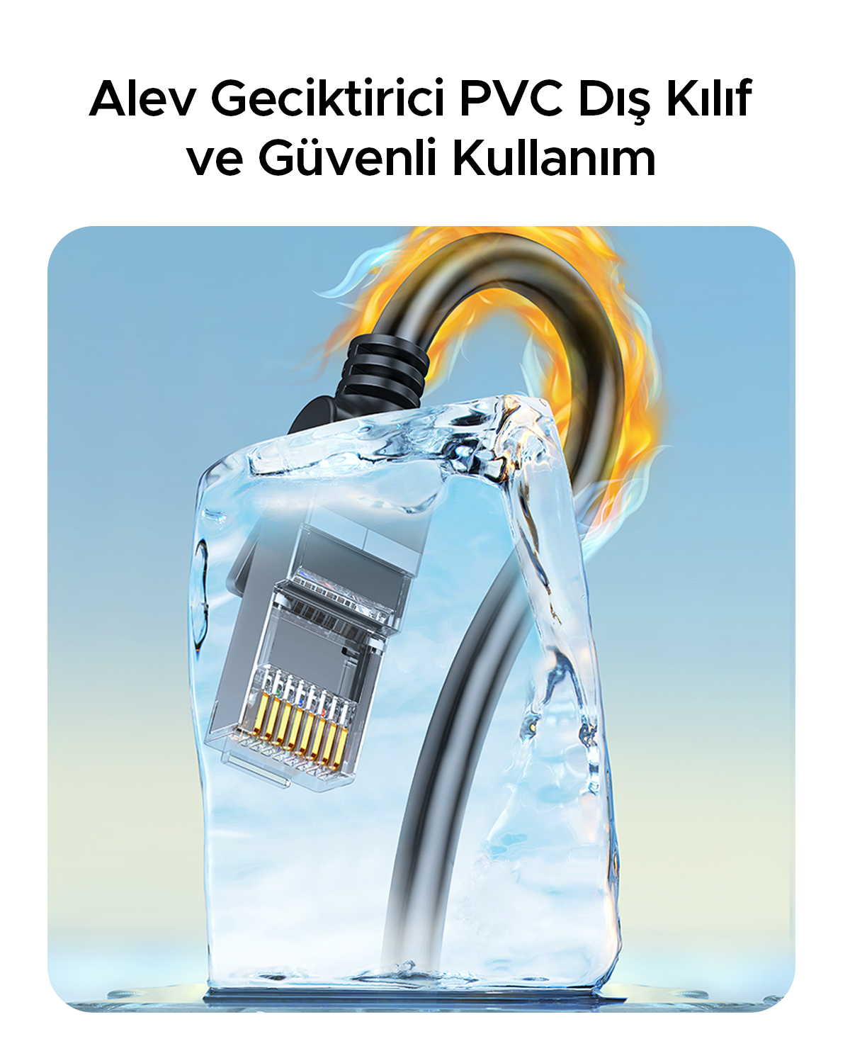Buz içine alınmış bir ağ kablosu konektörü, kablonun etrafında alevler var.