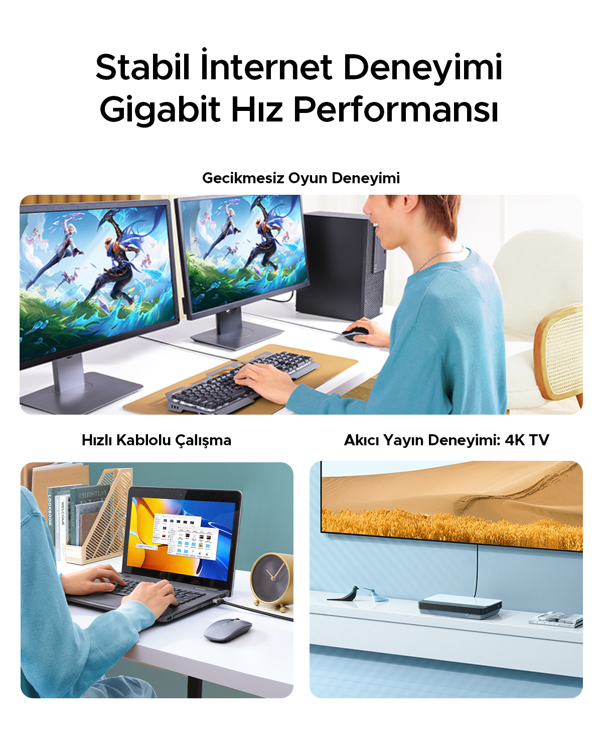 Üç sahne: oyun, laptop ile çalışma ve TV'de 4K yayın.