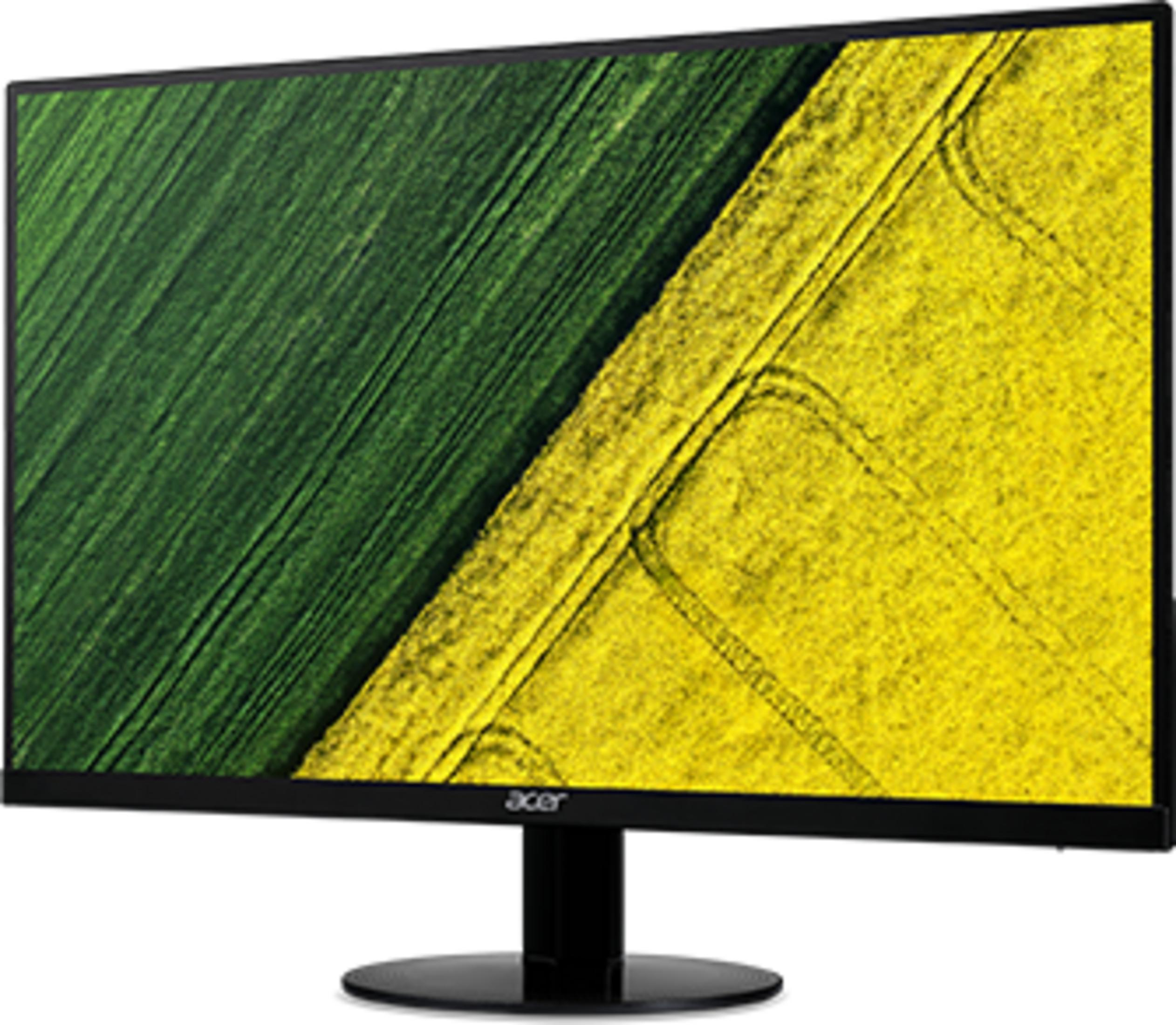 Ein Acer-Monitor zeigt ein Feld mit grünen und gelben Streifen, mit Spuren von Fahrzeugen.