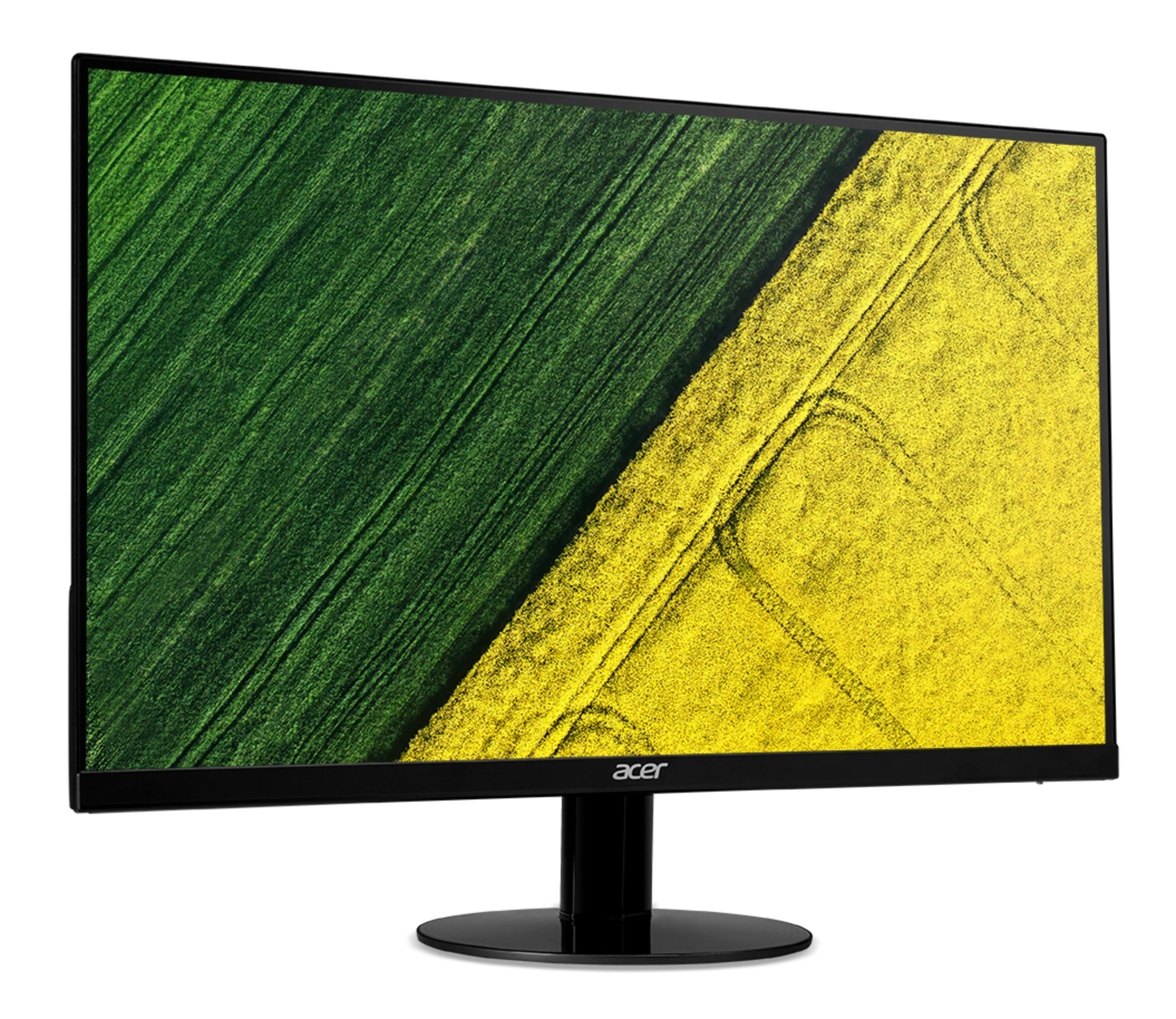 Ein Acer Monitor zeigt ein Feld mit grünen und gelben Pflanzen, mit Spuren von Fahrzeugen.
