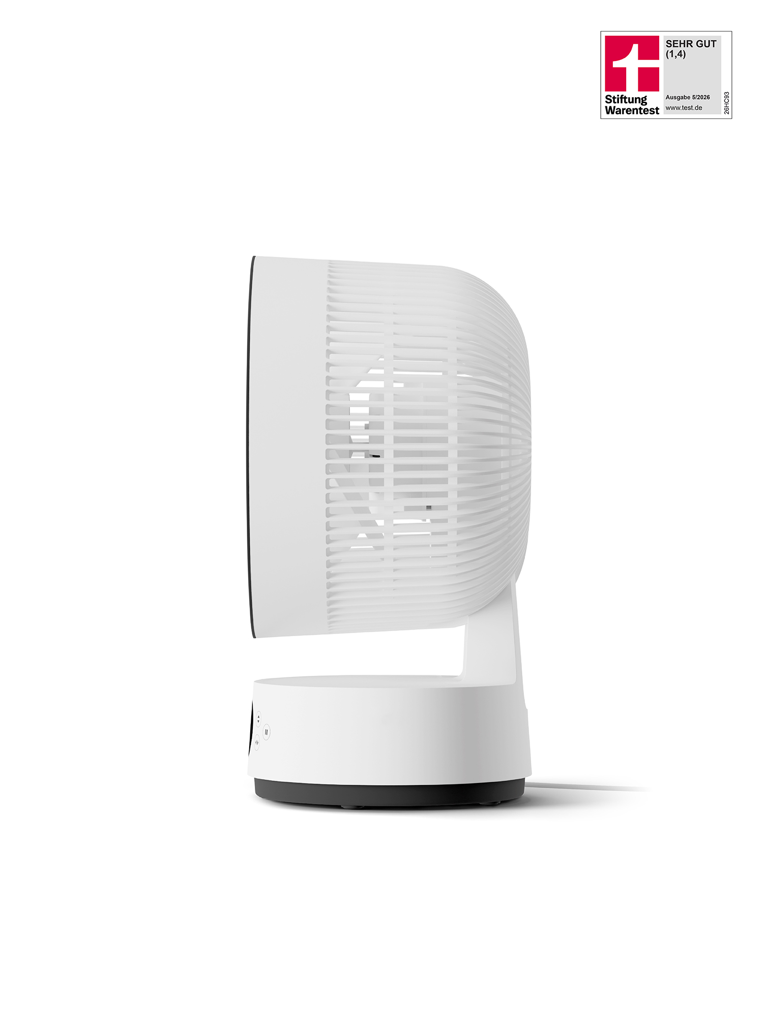 Weiße Standventilator von der Seite mit einem Siegel oben rechts.
