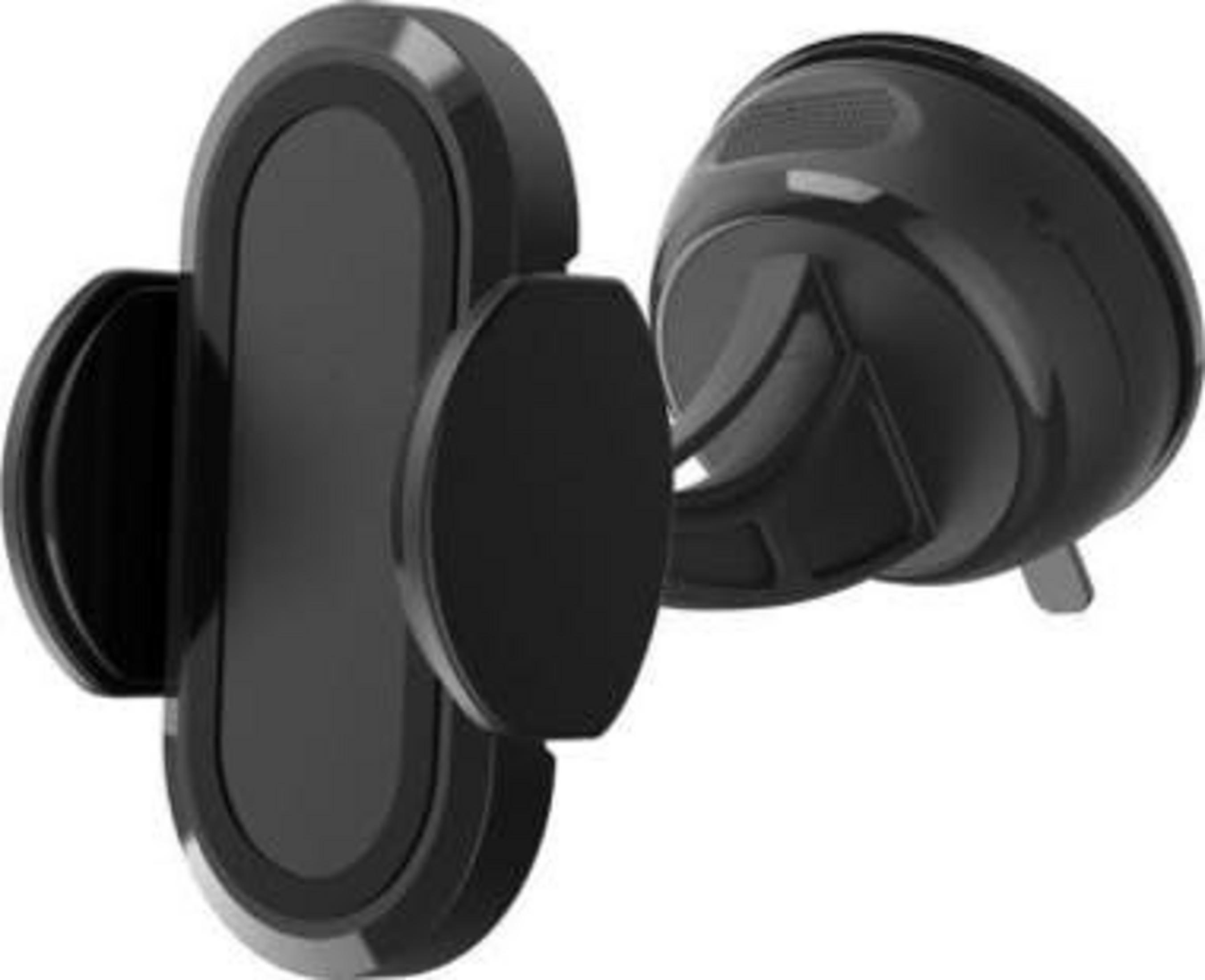 Un soporte para teléfono negro con ventosa sobre fondo blanco.