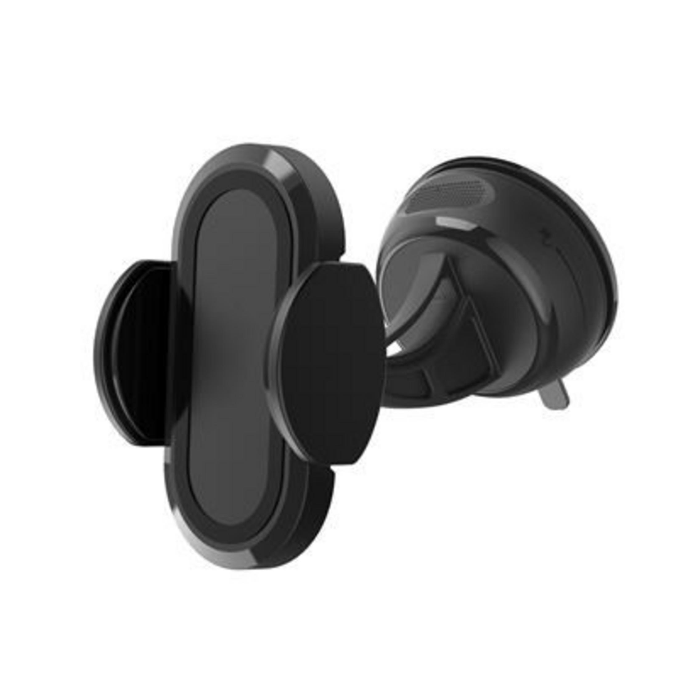 Soporte negro para teléfono con ventosa y pinzas ajustables.