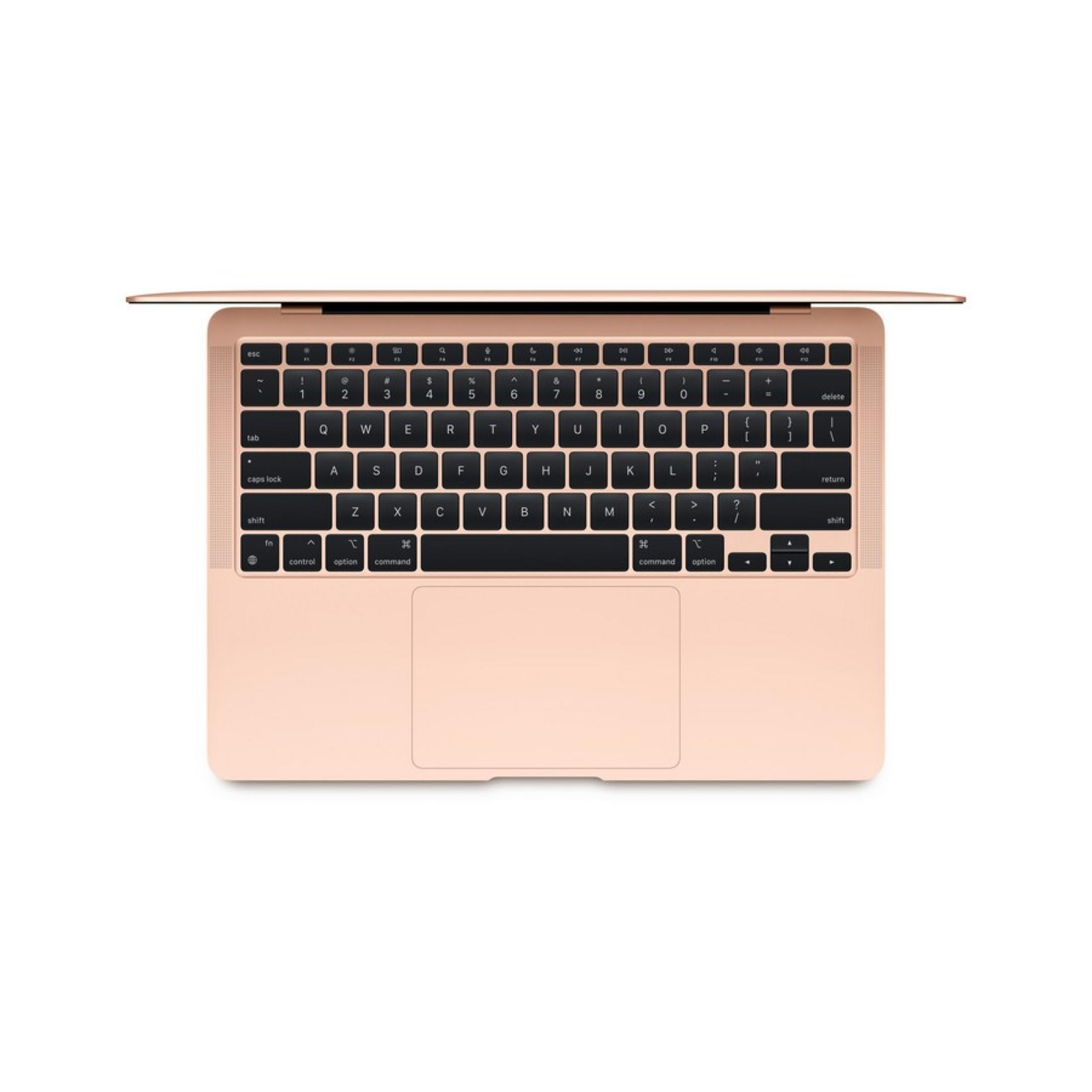 Portátil abierto en oro rosa, mostrando teclado y trackpad.