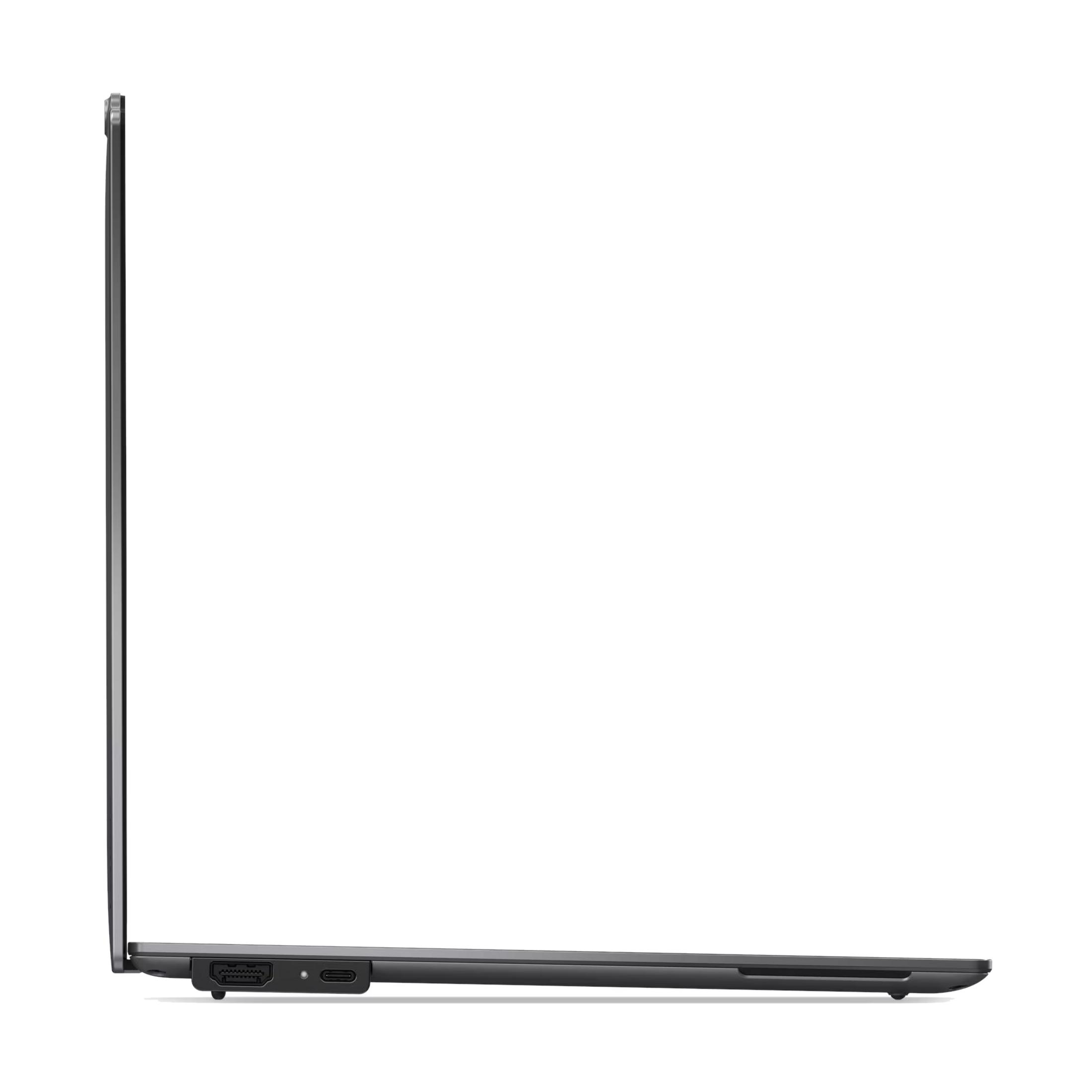 Vista lateral de un portátil oscuro con puertos HDMI y USB-C.