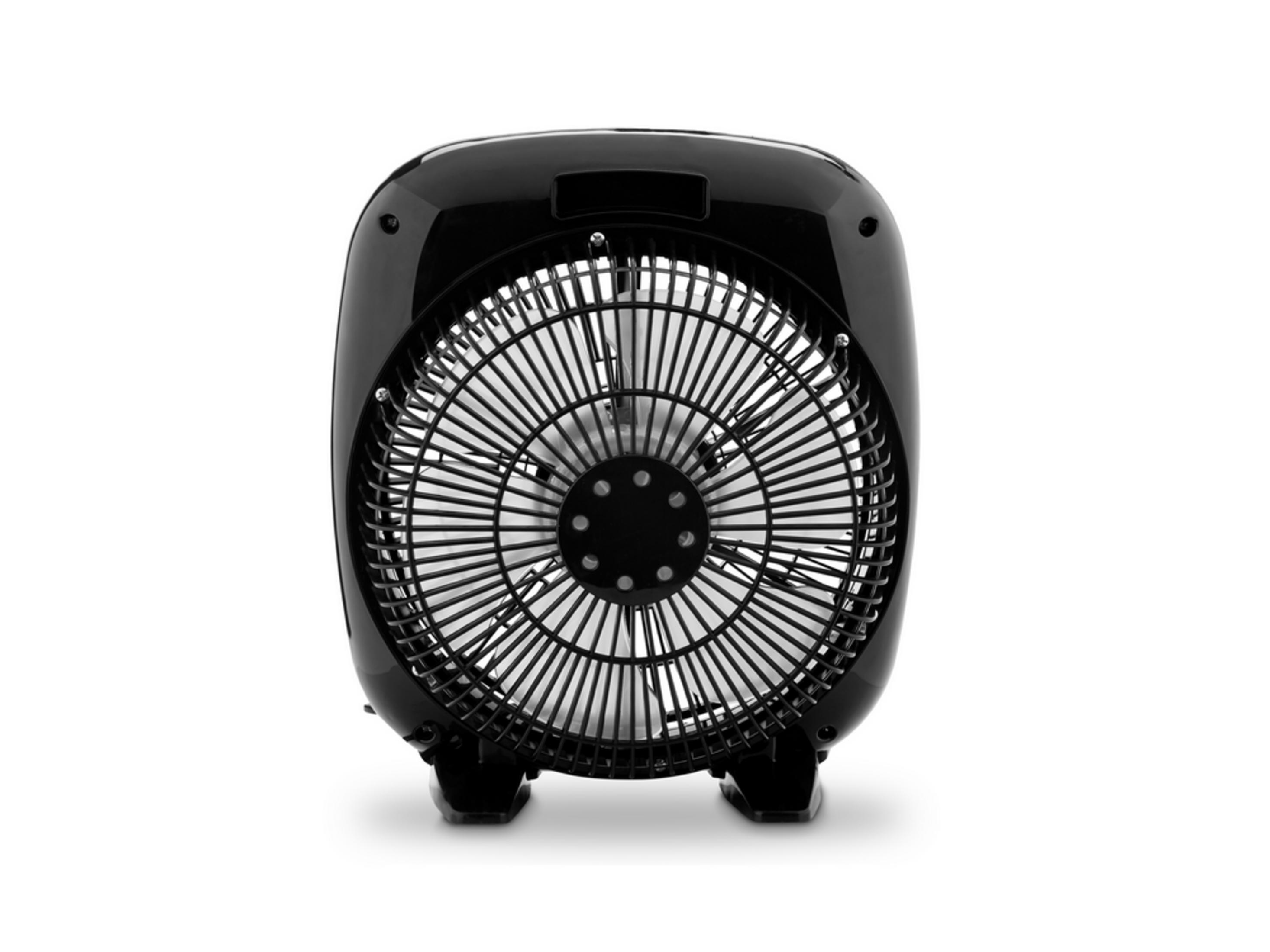 Un ventilatore a scatola nero con griglia rotonda e pale.