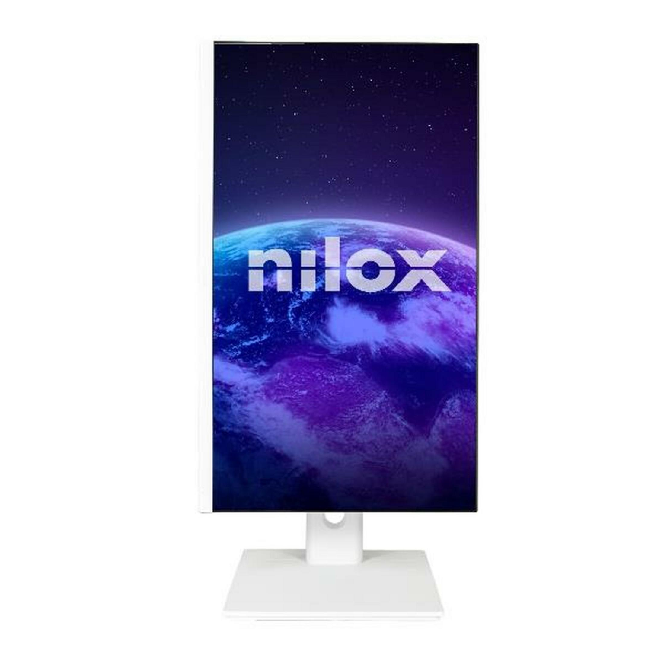 Un monitor vertical muestra un planeta azul y morado con estrellas y el logo de Nilox.