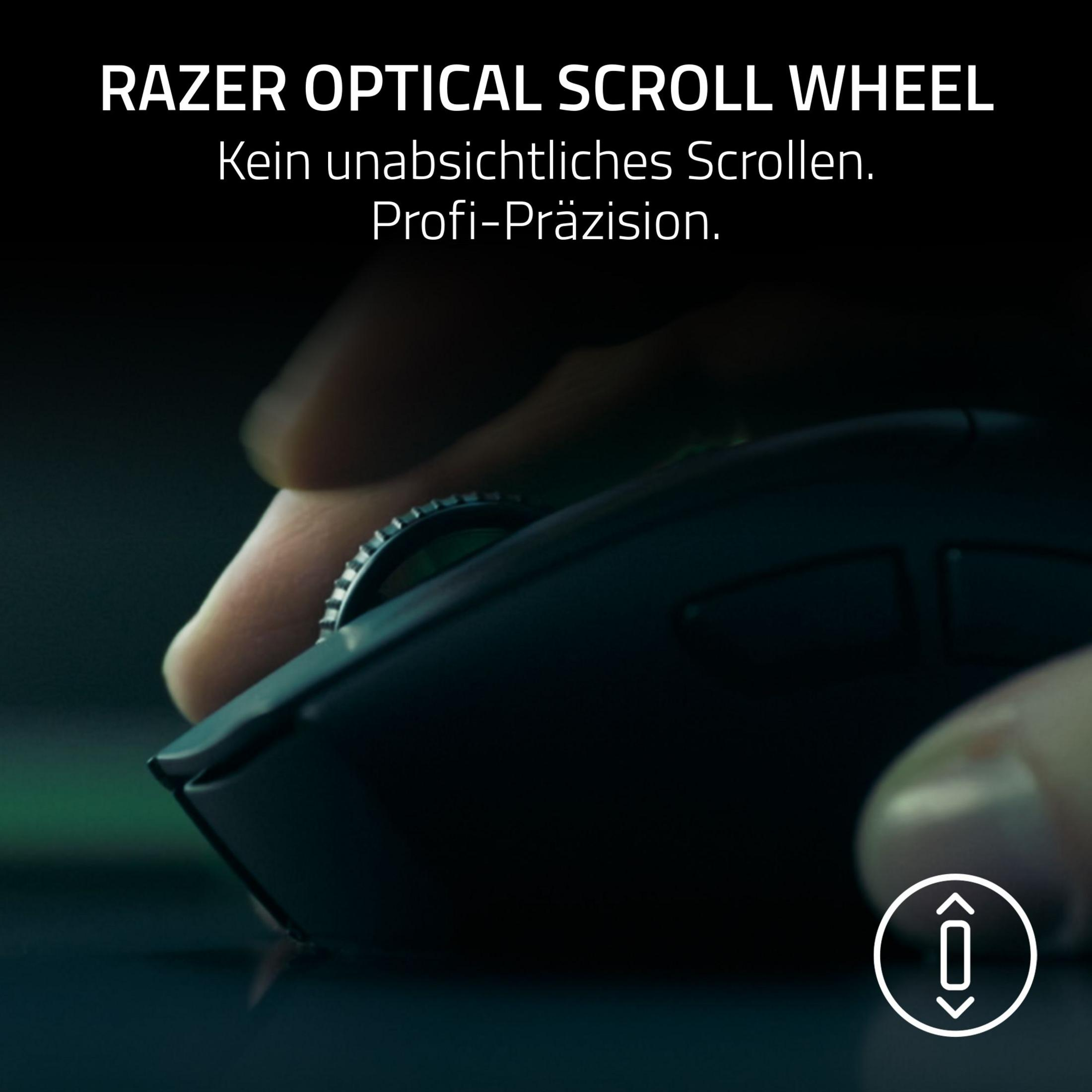 Primo piano di un dito che gira la rotella di scorrimento zigrinata di un mouse gaming Razer nero.