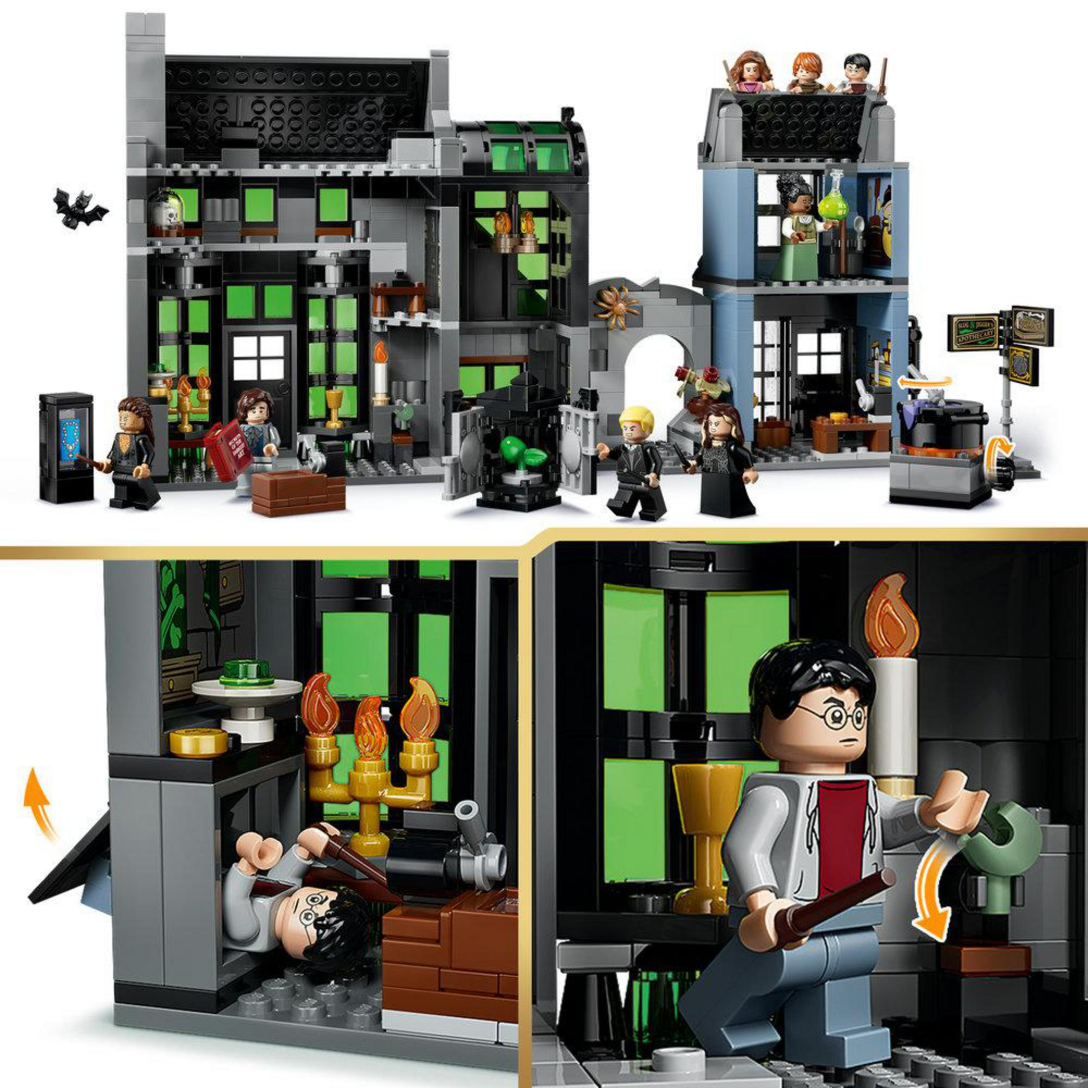Castillo Lego Harry Potter con figuras. Escenas interiores muestran a Harry y un esqueleto.