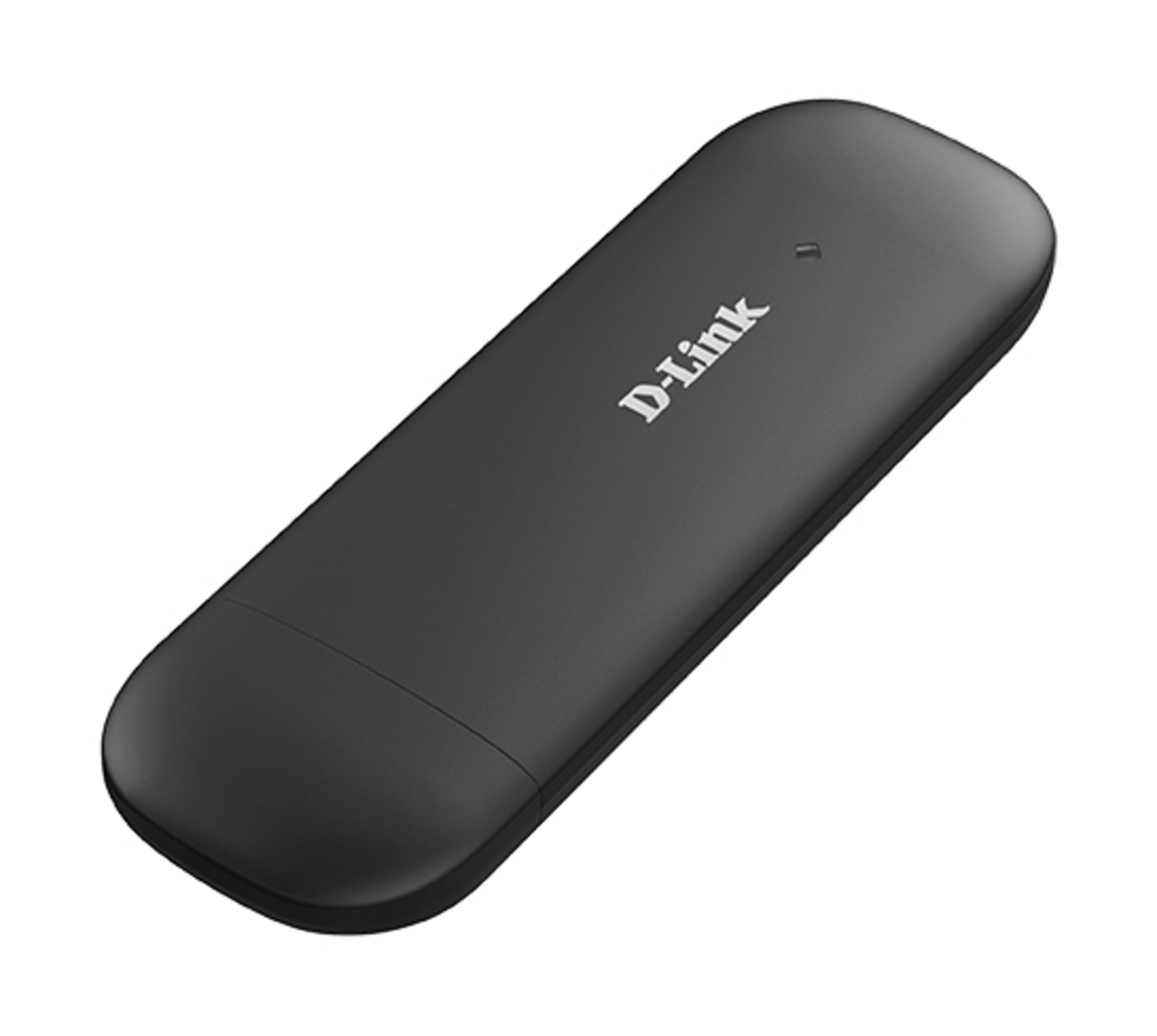 Un dongle Wi-Fi USB D-Link negro sobre fondo blanco.