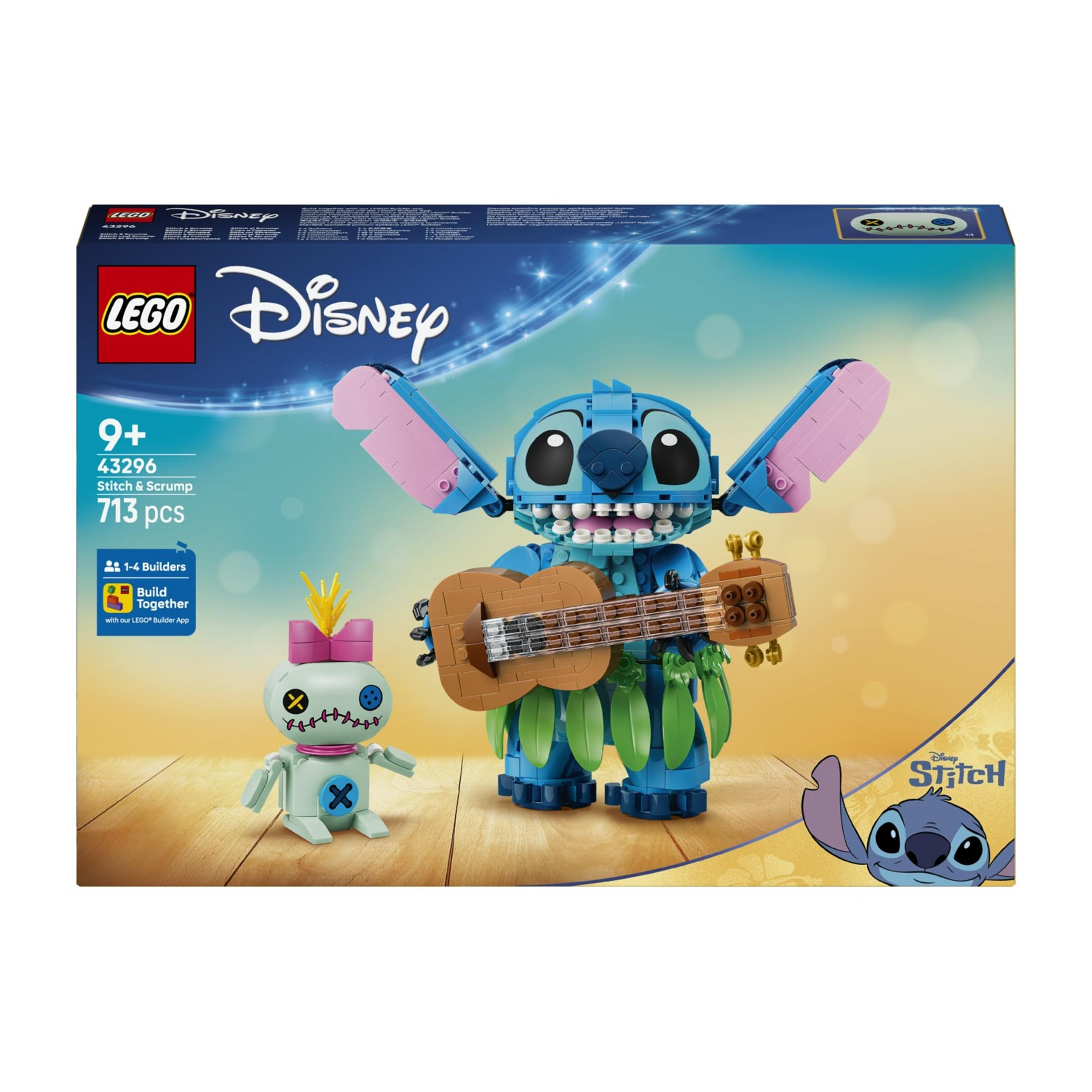Zestaw LEGO Stitch i Scrump z figurkami i gitarą na drewnianej powierzchni.