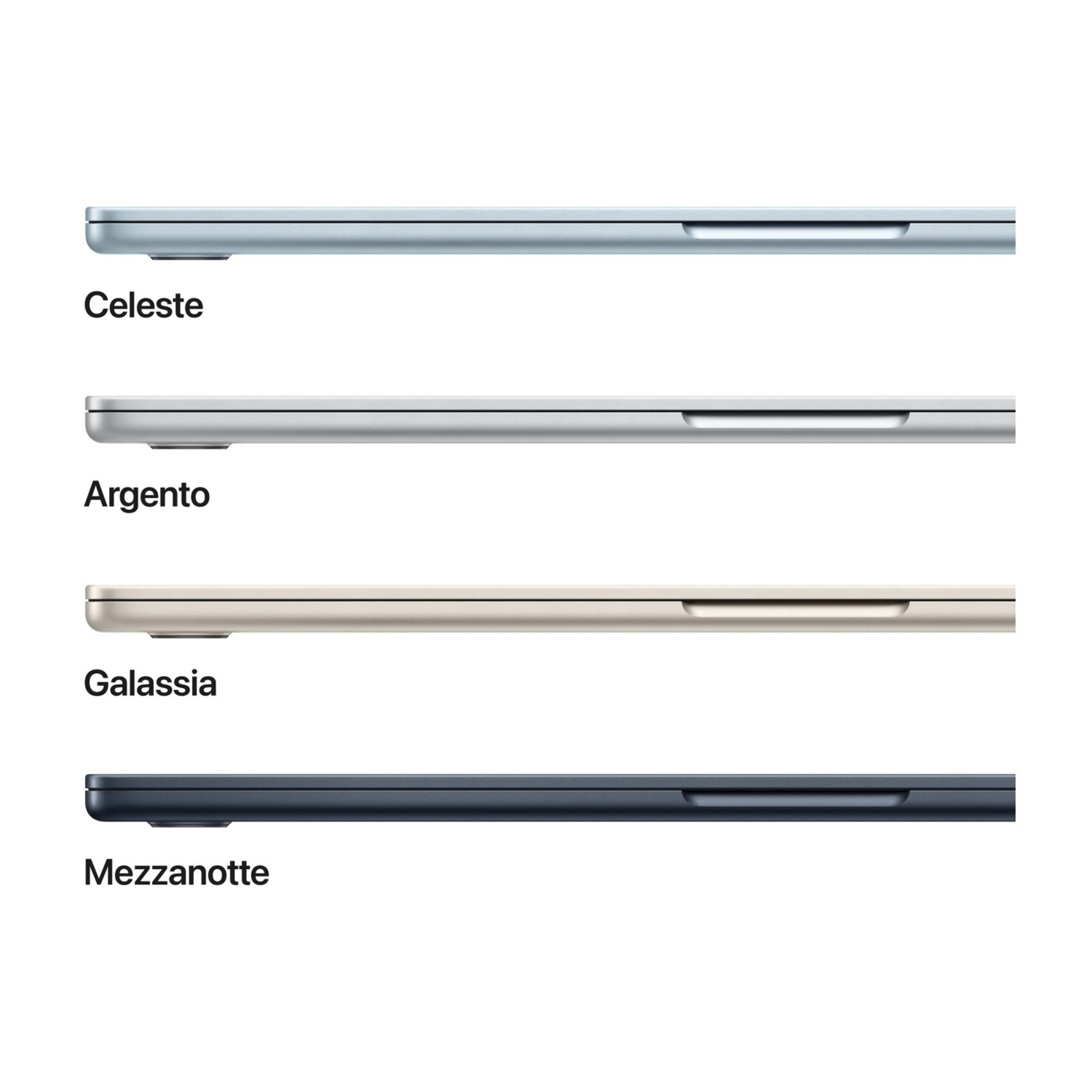 Quattro laptop in diversi colori: celeste, argento, oro e mezzanotte.