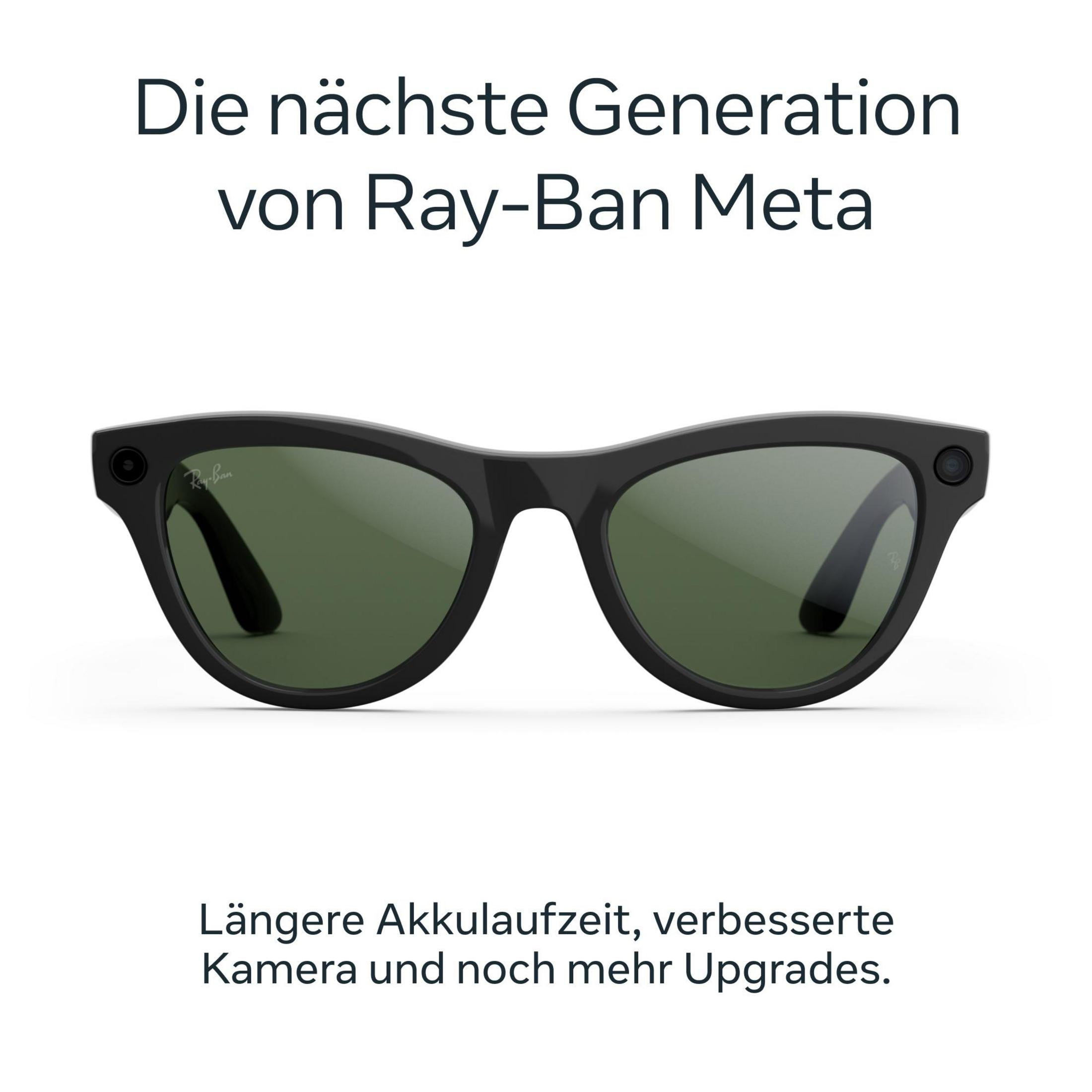 Schwarze Ray-Ban Meta Brille mit grünen Gläsern und Kameras.