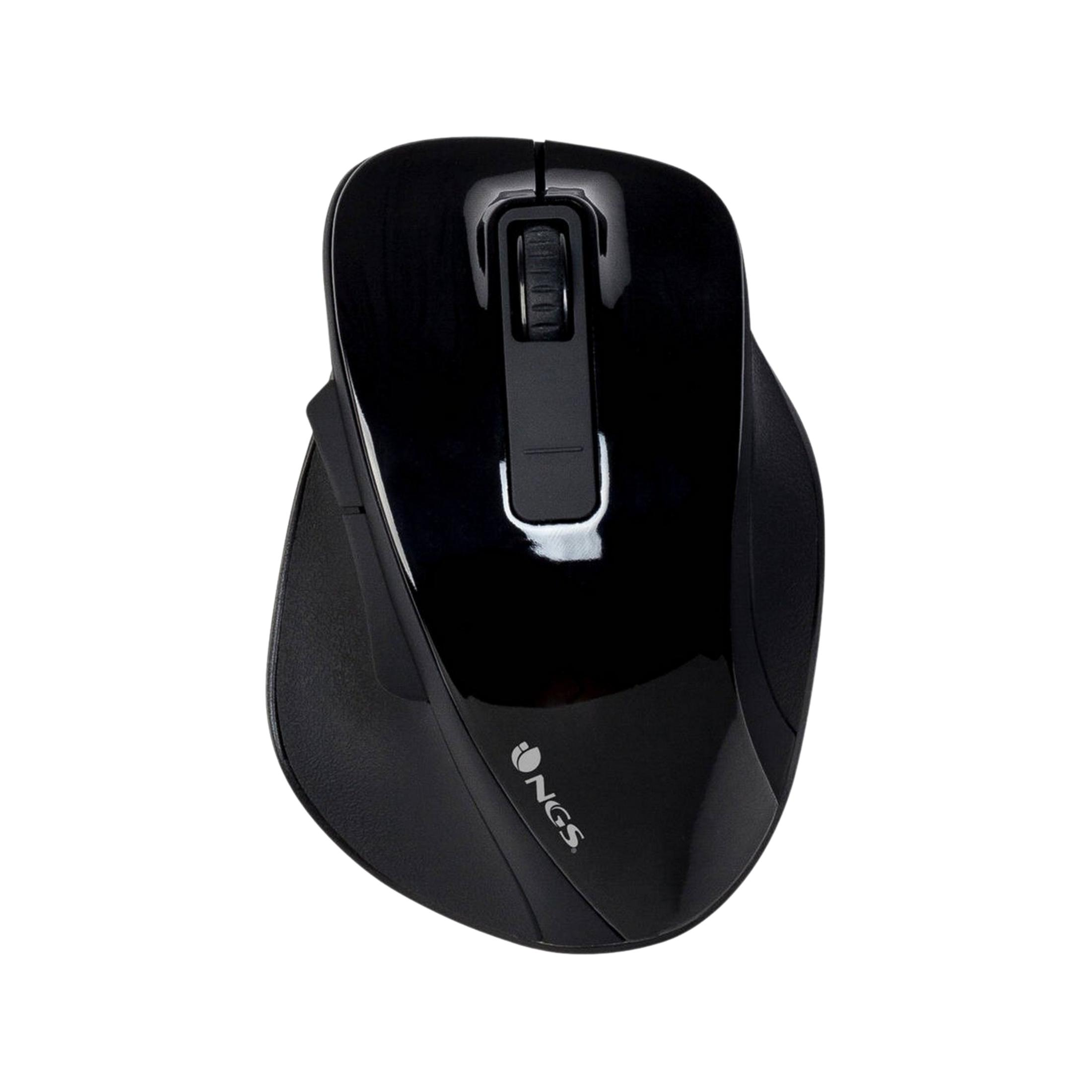 Mouse nero con rotellina di scorrimento e logo NGS, su sfondo bianco.