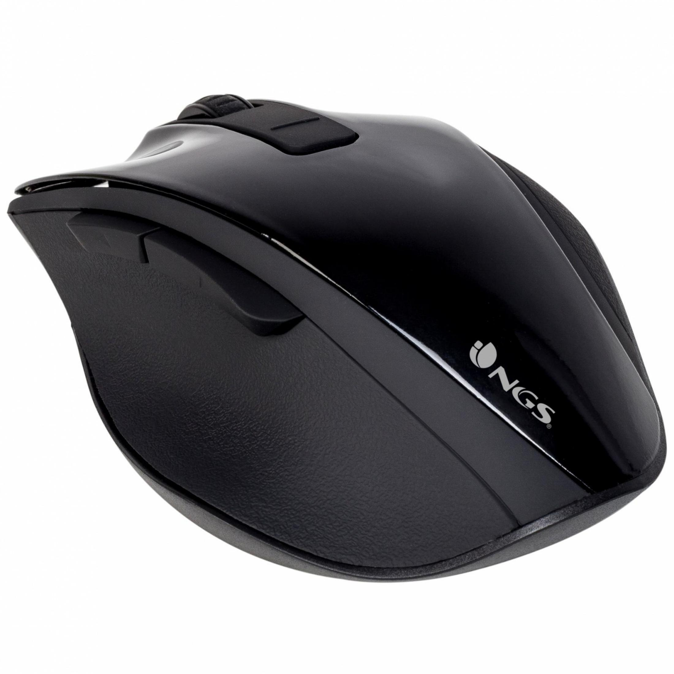 Un mouse nero lucido per computer con il logo NGS.