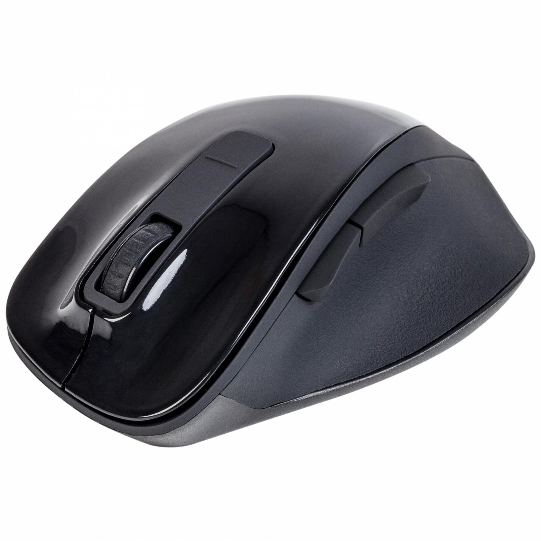 Mouse del computer nero con rotella di scorrimento e pulsanti su sfondo bianco.