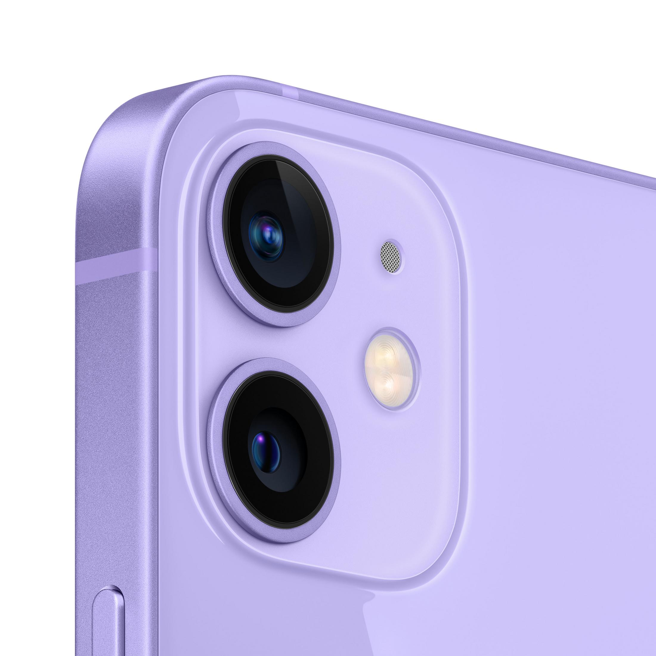 Primo piano del retro di uno smartphone viola con due fotocamere, flash e microfono.