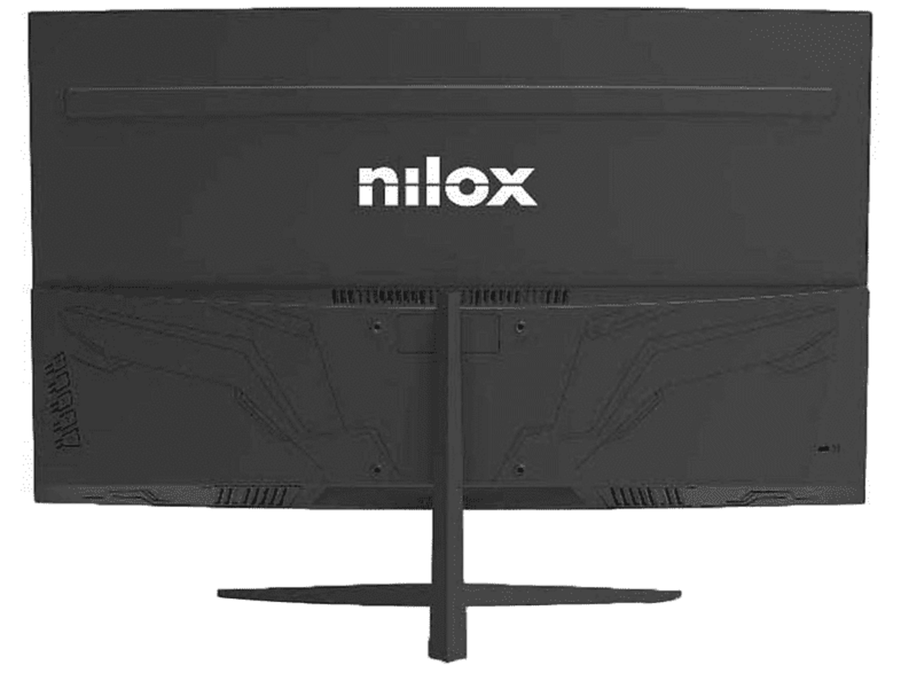 Vista posterior de un monitor negro con el logo de Nilox y un soporte.