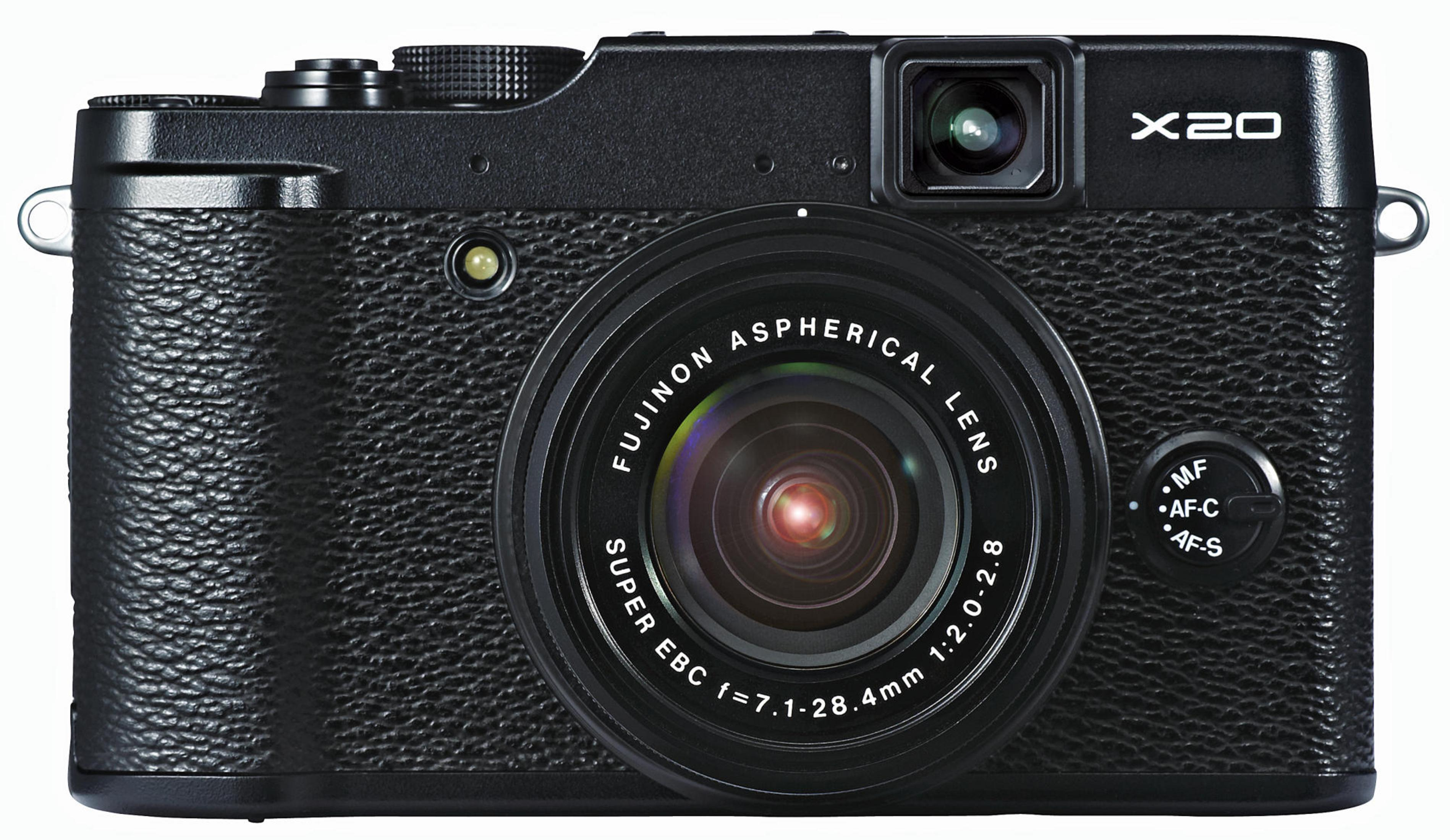 Une caméra Fujifilm X20 noire avec objectif et commandes.