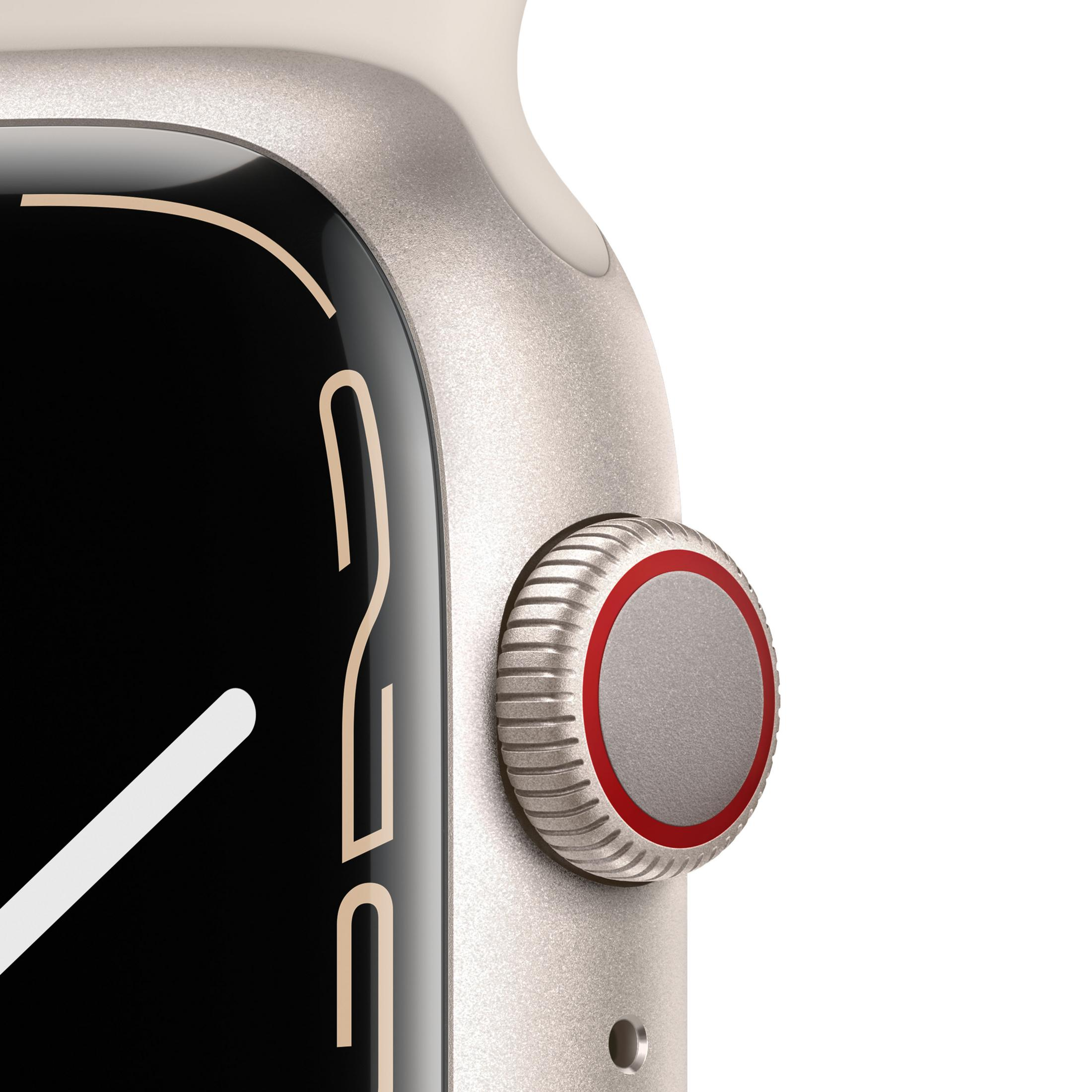 Primer plano de un reloj inteligente plateado con esfera negra y anillo rojo.