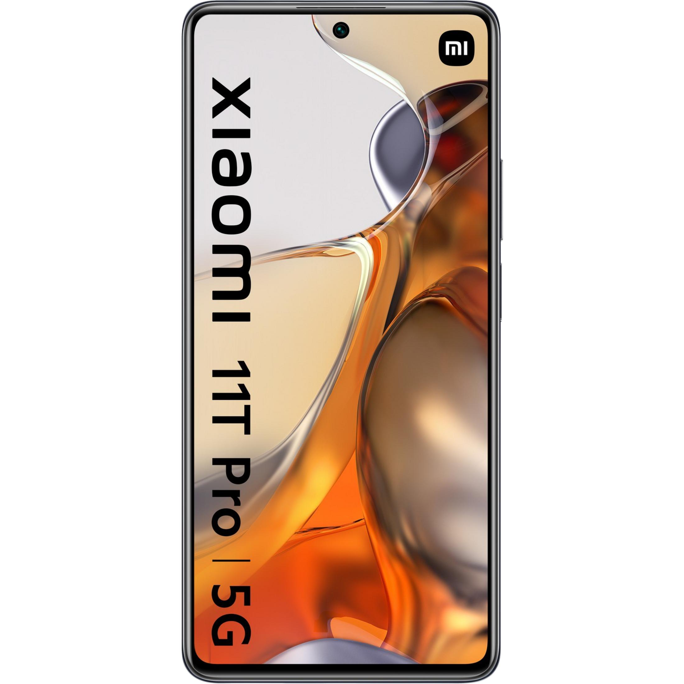 Xiaomi 11T Pro 5G smartphone, close-up van camera, met oranje achtergrond.